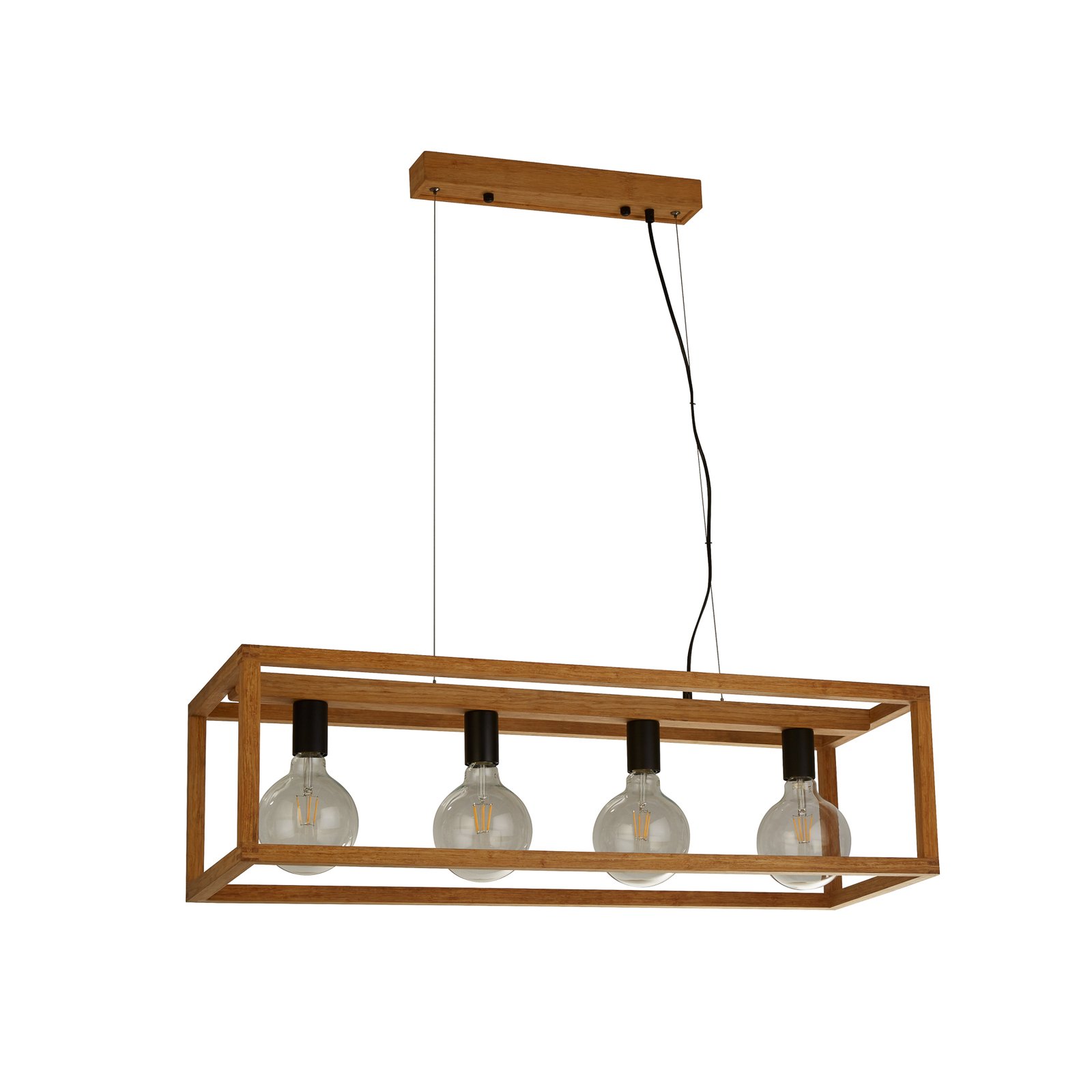 Candeeiro suspenso quadrado, 4 lâmpadas, 90 cm de comprimento, bambu, E27