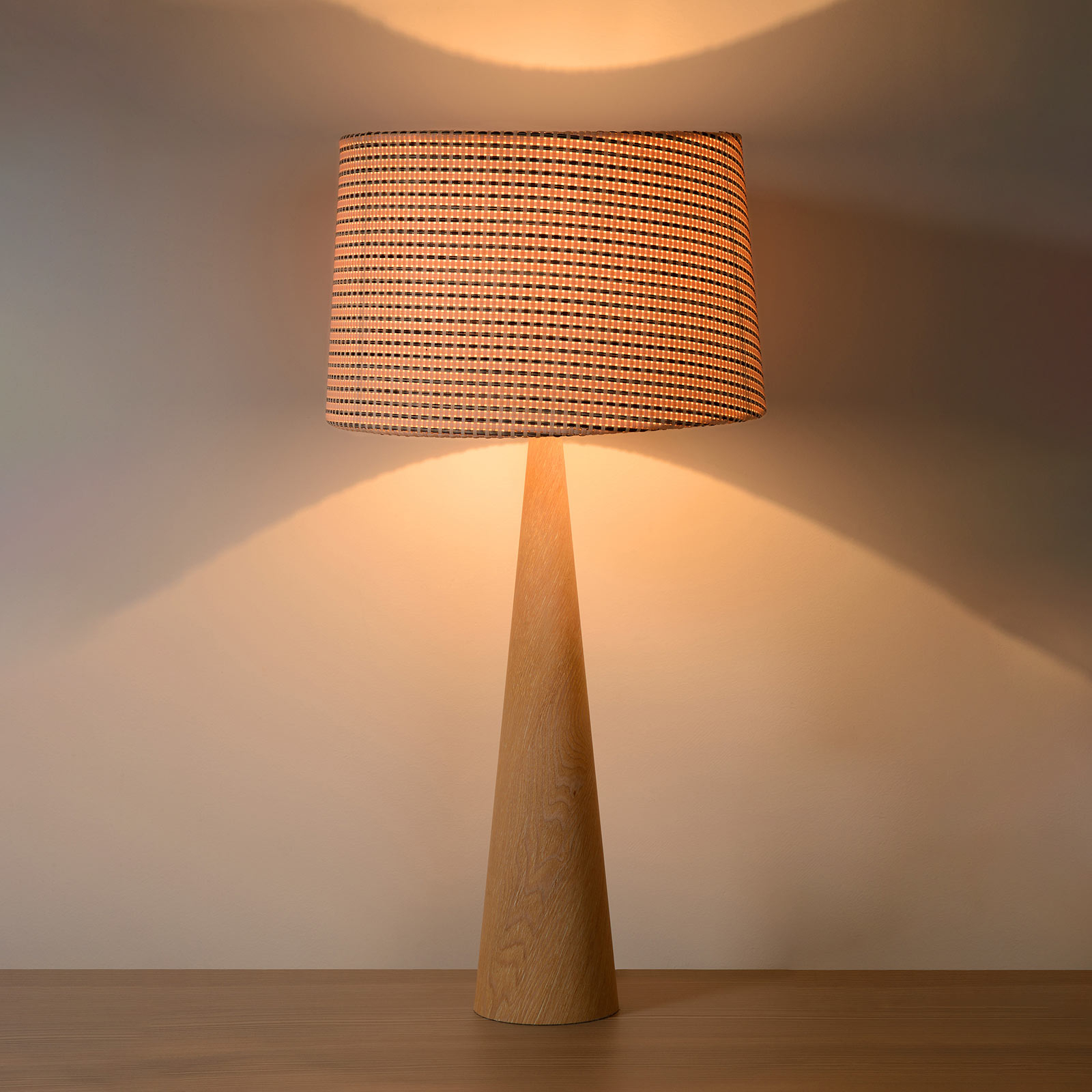 Lucide Conos table lamp with a light wood base, for Living / Dining Room, wood, fabric, E27, 60 W, energy efficiency: A++, H: 65 cm
