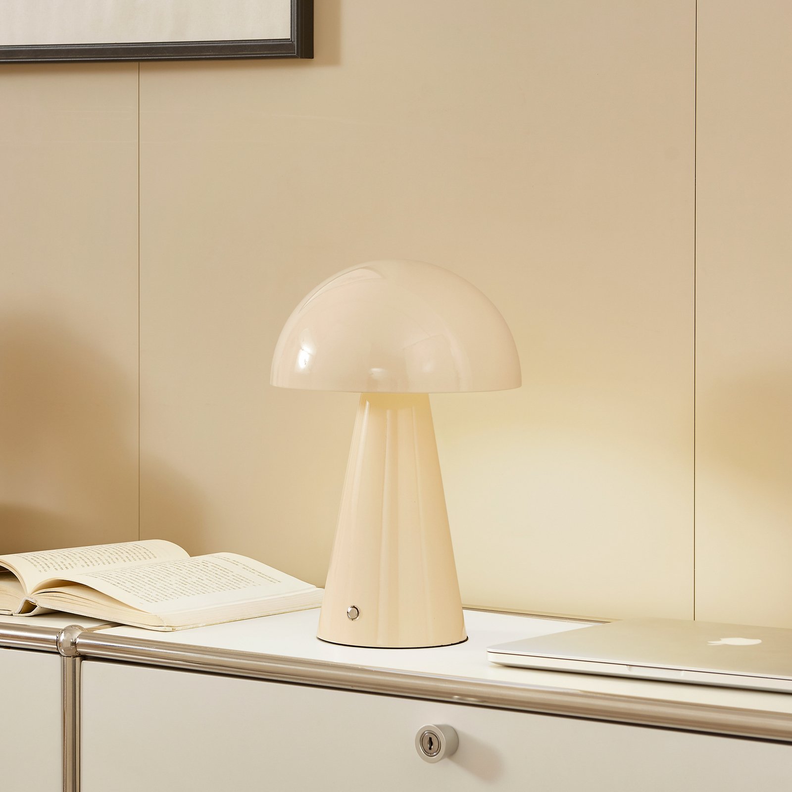 Lindby Lampada da tavolo ricaricabile a LED Nevijo, beige, Ø20cm, USB,