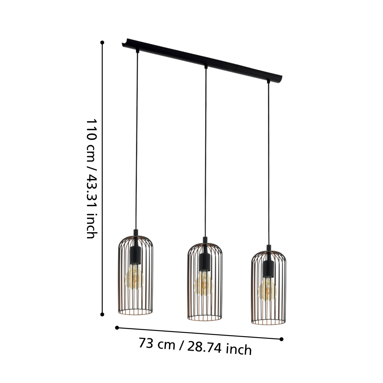 Lampada a sospensione Roccamena, nero/rame, lunghezza 71 cm