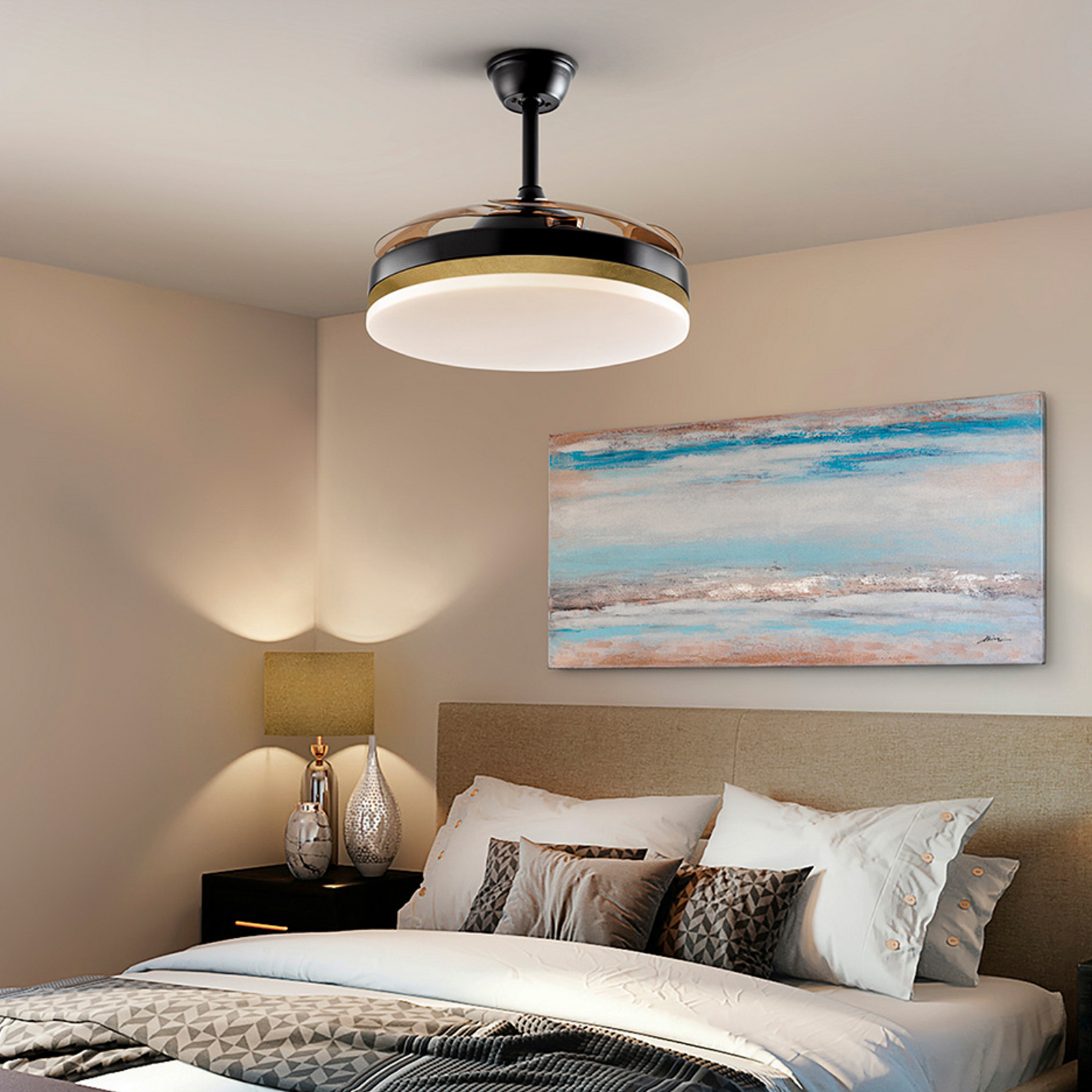 LED stropni ventilator Vento črn/zlati/dimast Ø 100 cm tih