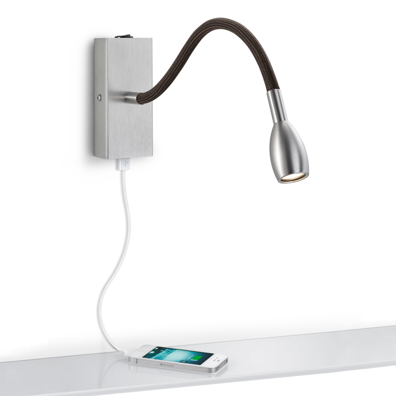 Milos LED-vägglampa i nickel med USB-laddningsuttag