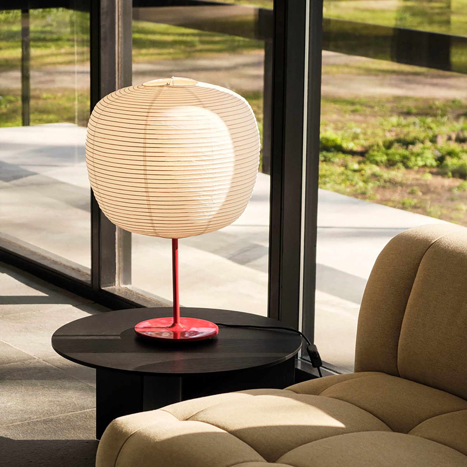 HAY Common Table, Peach lampshade, signal red base
