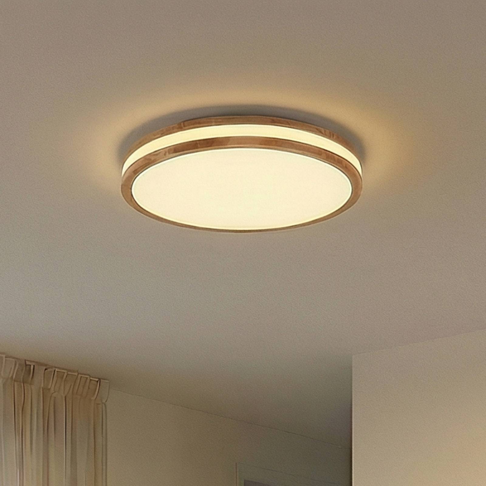 Lindby Plafonnier LED Emiva, 50cm, CCT, télécommande, bois