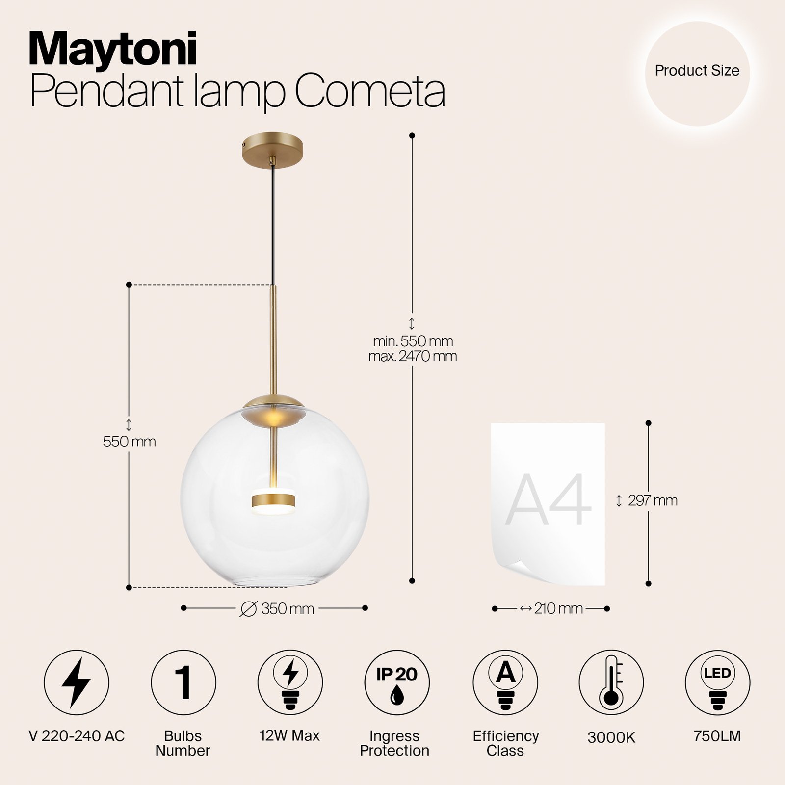 Maytoni LED-es függőlámpa Cometa, aranyszínű, üveg, Ø 35 cm