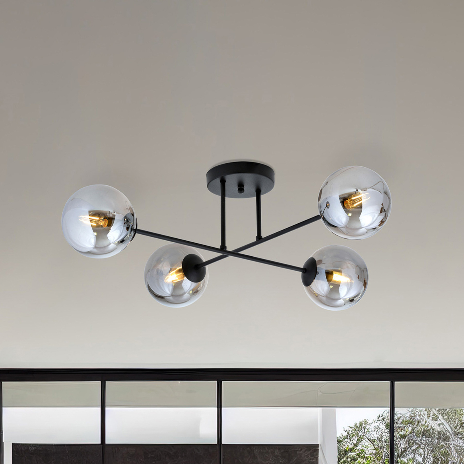 Glassy ceiling lamp, 4-bulb crossed black/graphite