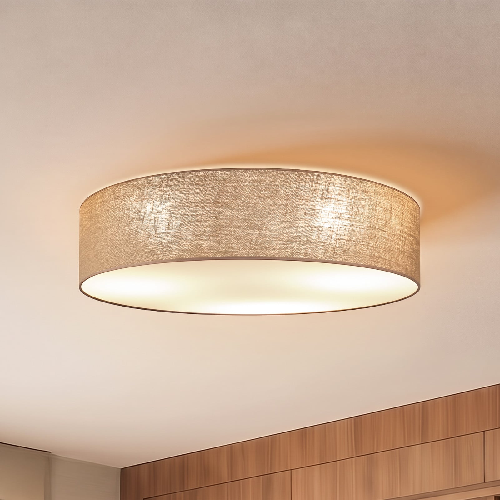 Boho-taklampa, jute/jute, Ø 80 cm, textil, E27 – Duolla - Hall - Tyg / textil - Plafond