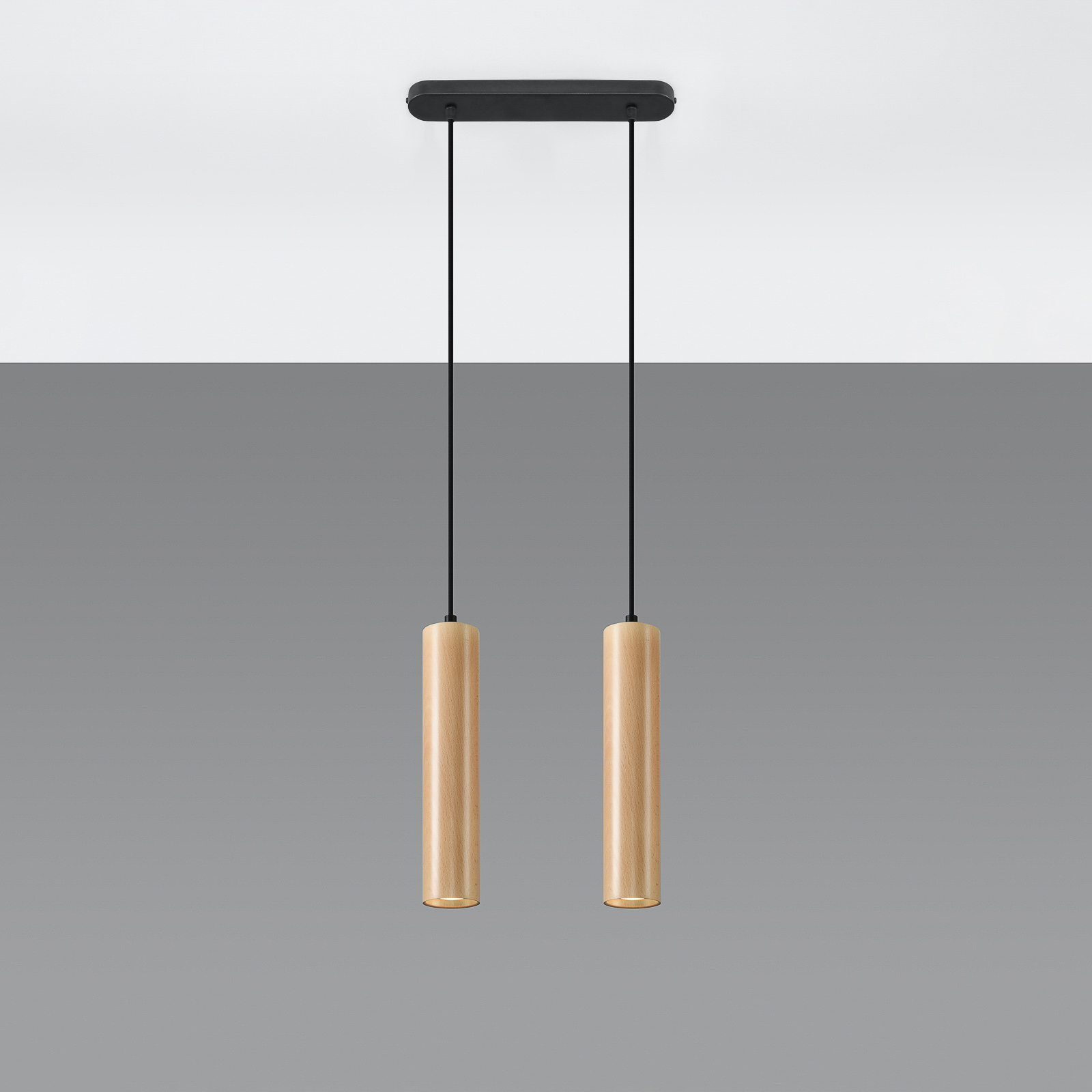 Candeeiro suspenso em tubo de madeira, duas luzes