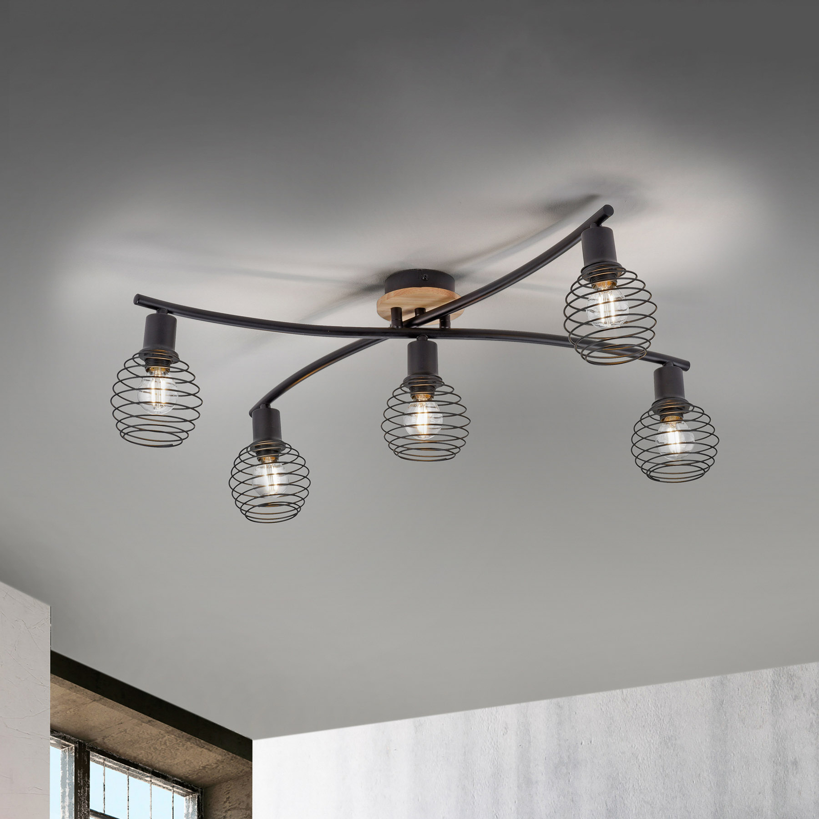Plafón Eugen, decoración de madera, 5 luces