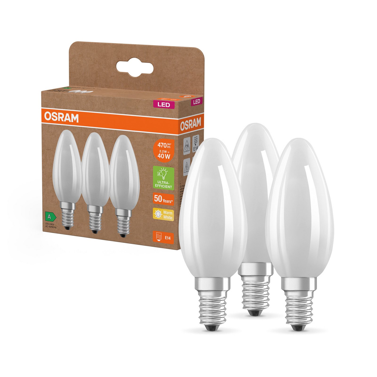 OSRAM LED свещ матова E14 2,2W 827 EEK A 3 опаковки