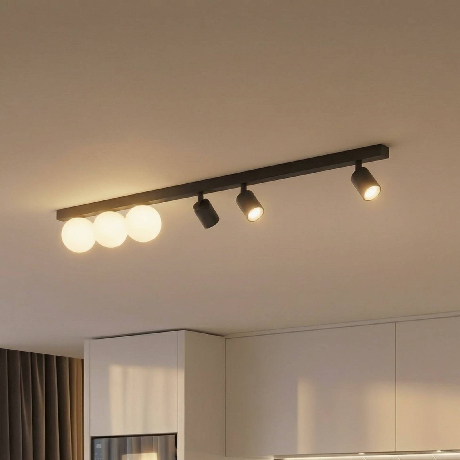 TK Lighting Plafonnier Vox, à 6 lampes, verre, noir, longueur 159 cm