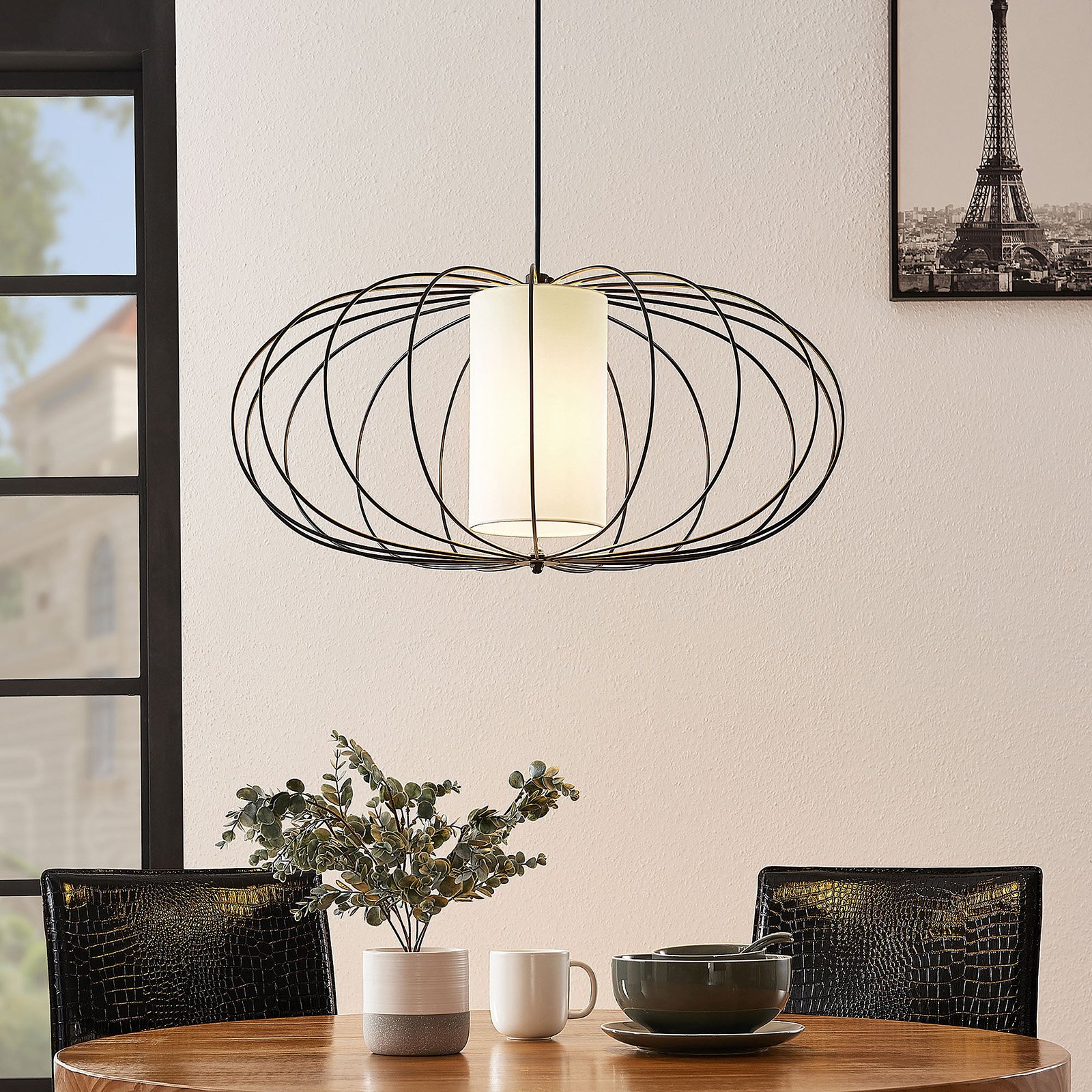 Lindby Korbinian hanging light with cage lampshade, for Living / Dining Room, metal, plastic, E27, 60 W, energy efficiency: A++, H: 30 cm