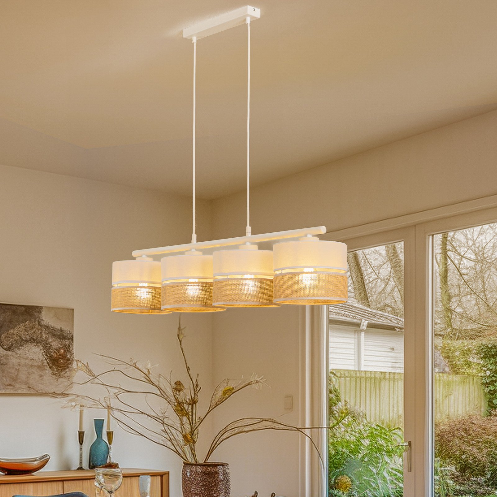 TK Lighting Lampă suspendată Linobianco liniară 4 becuri - Camera de zi / sufragerie - Modern - alb maro - Țesătură / Textil