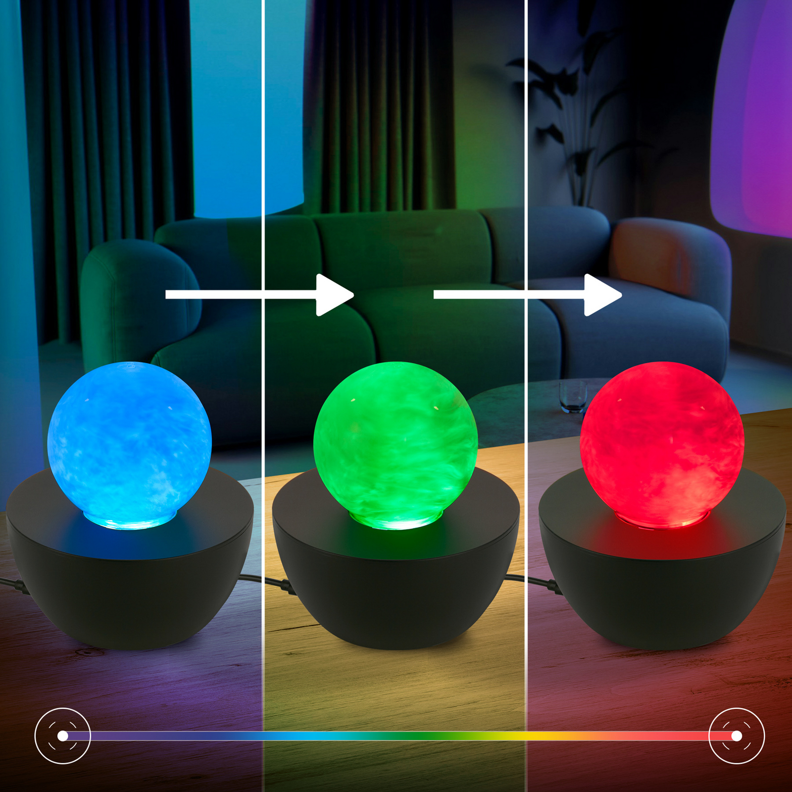 Lampa stołowa LED Fog, czarna/przezroczysta, skokowa zmiana barw RGB, Ø 12 cm Lampa stołowa LED Fog, czarna/przezroczysta, skokowa zmiana barw RGB, Ø 12 cm