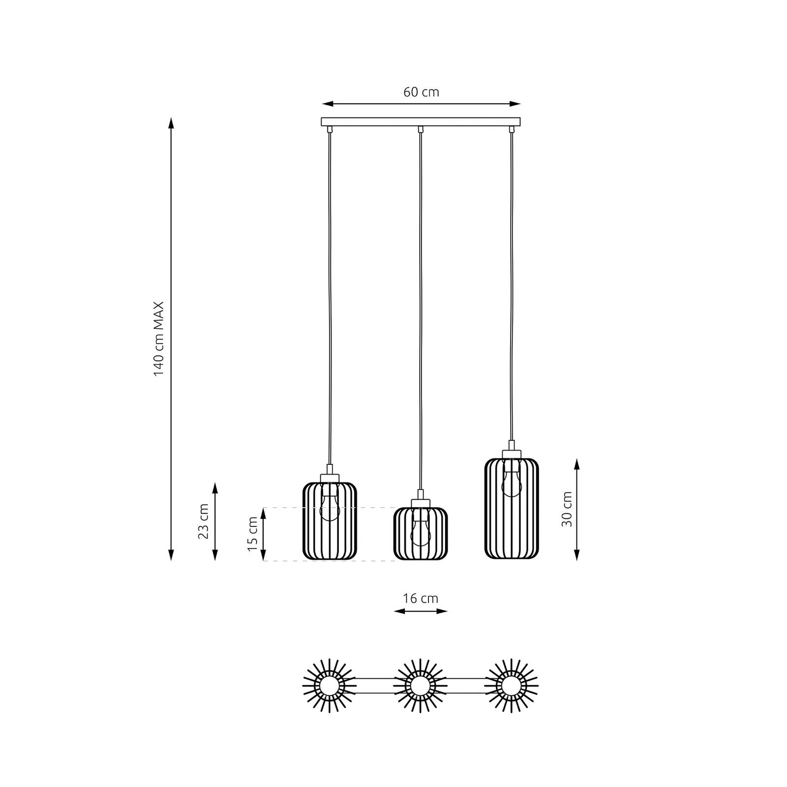 Lampa wisząca Vander, 3-punktowa, 60 cm, czarna, metal, E27