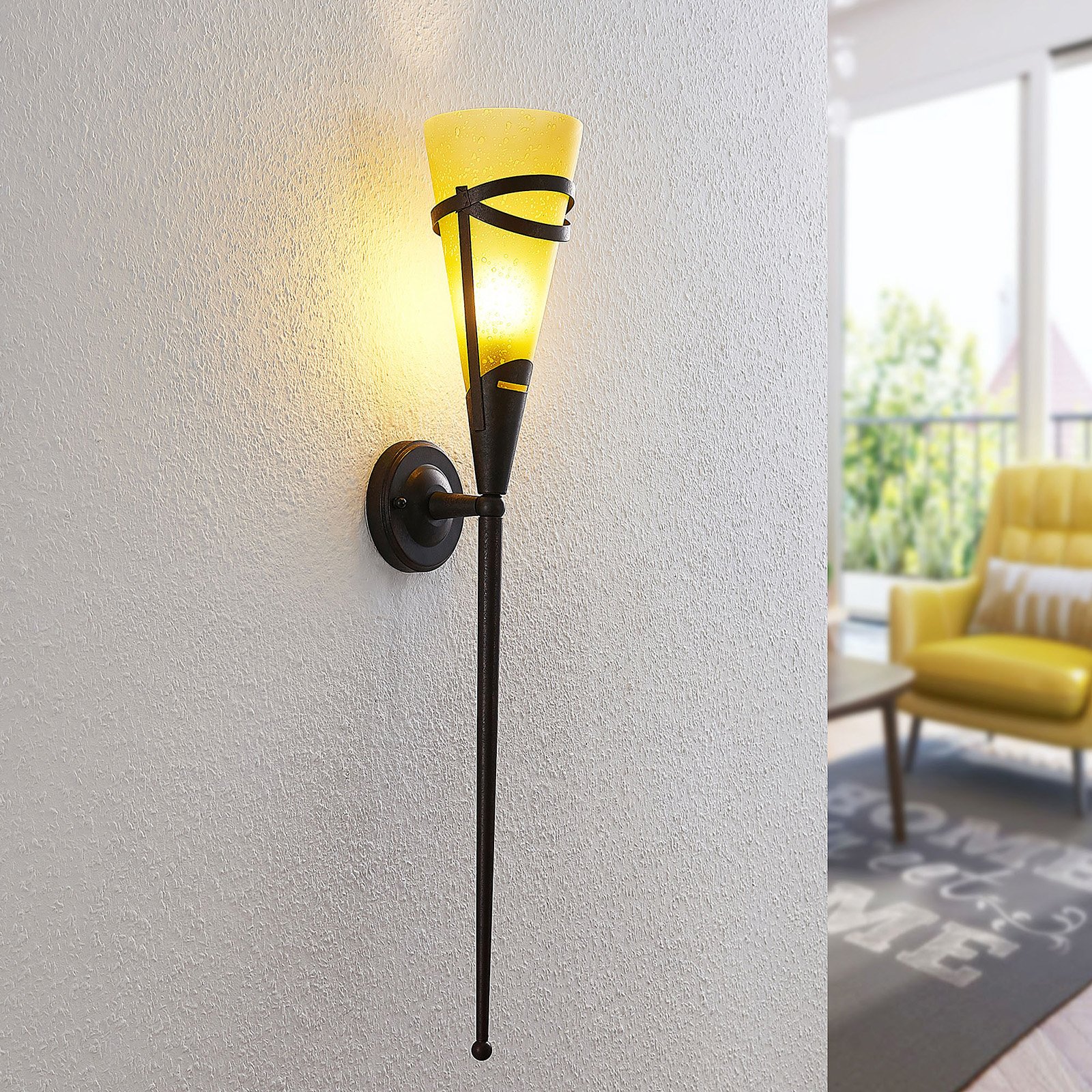 Lindby Pernilla wall torch with Scavo glass, for Living / Dining Room, metal, glass, E14, 40 W, energy efficiency: A++, W: 12.5 cm, H: 71 cm