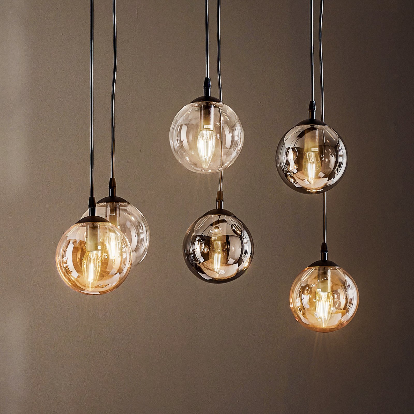 Glassy pendant light, 6-bulb, graphite/amber/clear, glass, 75 cm