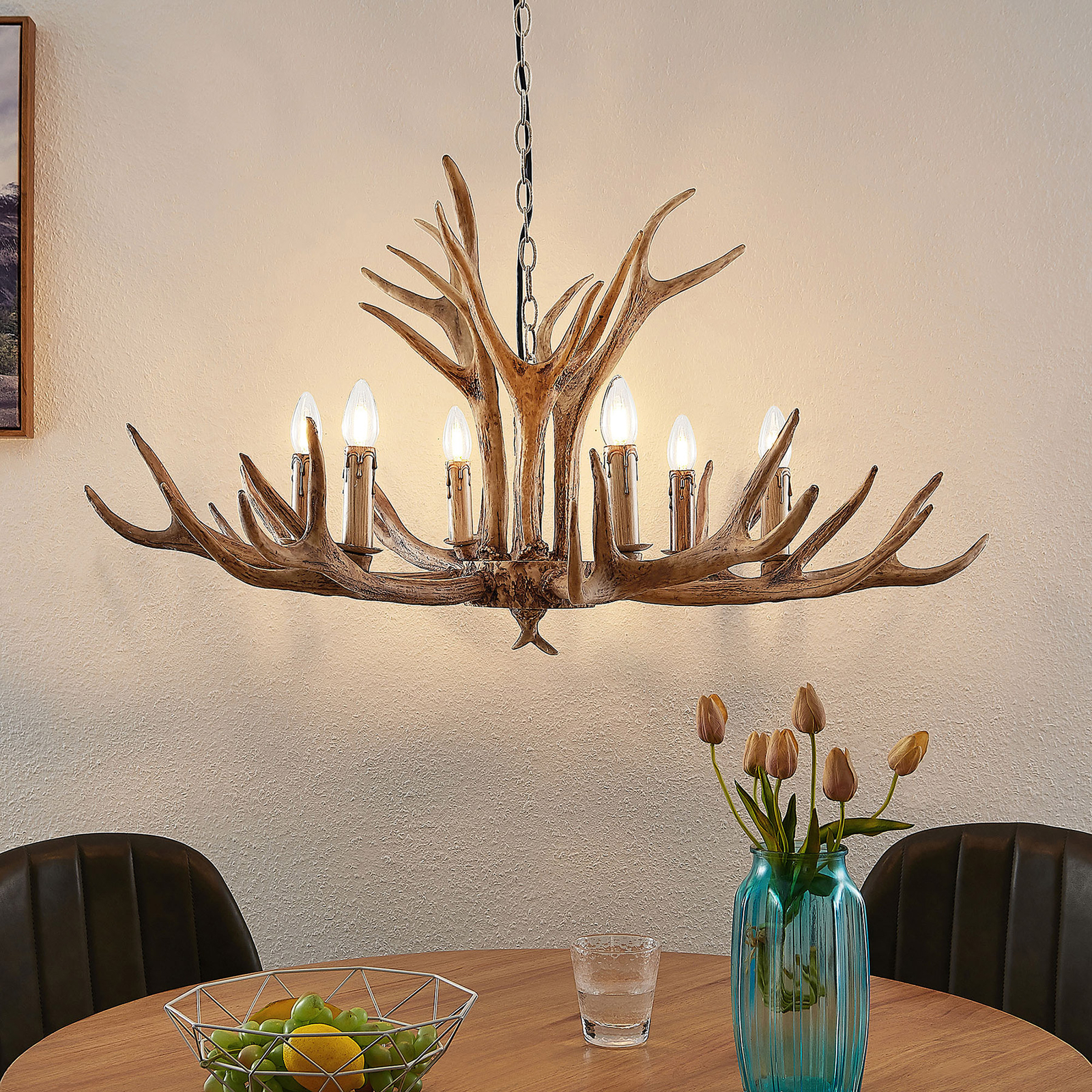 Lindby Tejask hänglampa, horn, 6 lampor, 102 cm