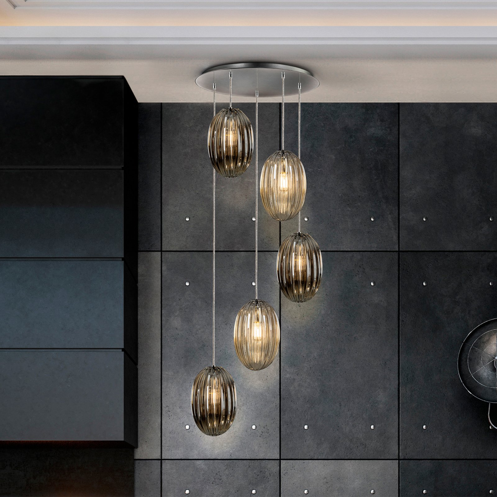 Ovila hanglamp, 5-lamps, rookgrijs/cognac, metaal, glas