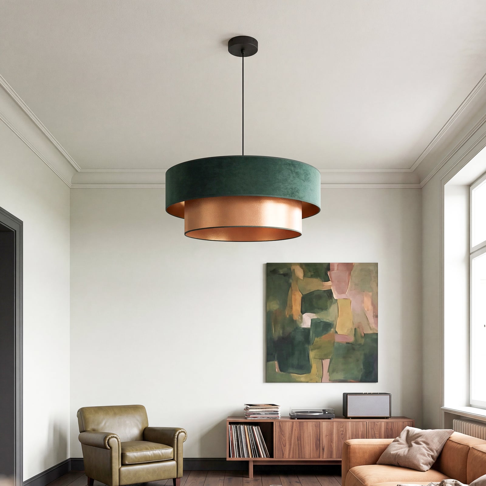 Lampada a sospensione Dorina, verde/oro, Ø 60 cm, tessuto, E27 - Duolla Lampada a sospensione Dorina, verde/oro, Ø 60 cm, tessuto, E27 - Duolla