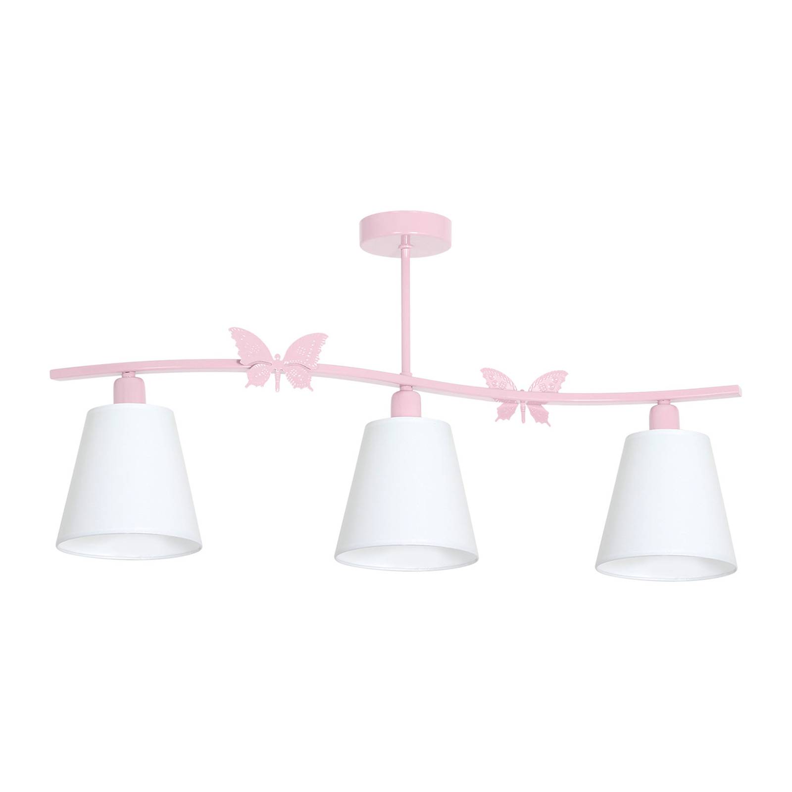 Plafondlamp Alice, roze, drie witte stoffen kappen