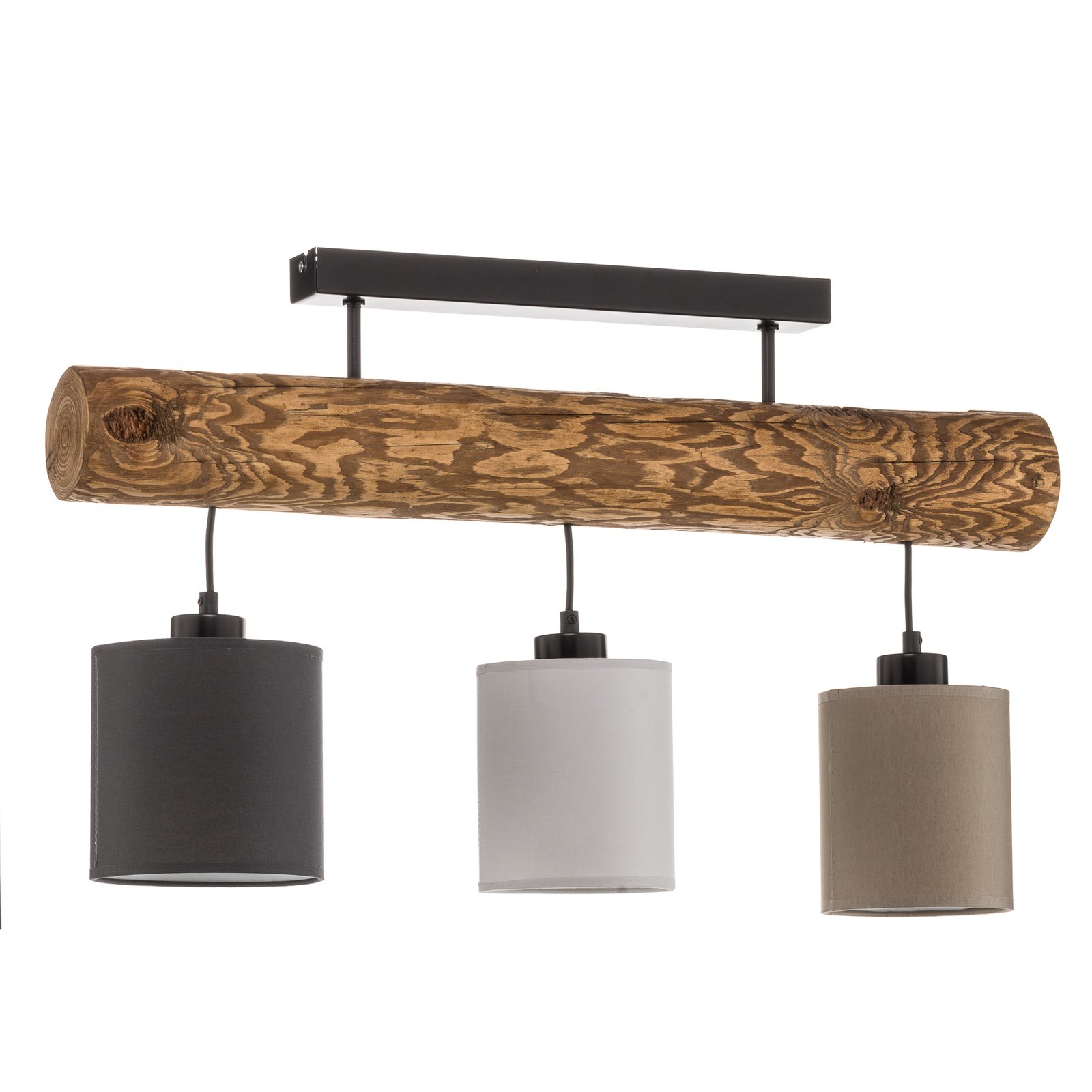 Plafondlamp Sachiko, houten balk, 3 stoffen kappen