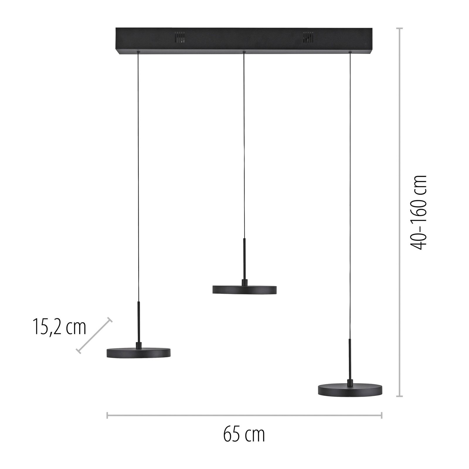 JUST LIGHT. LED-Hängeleuchte Plata, schwarz, 3-fl., 3.000 K