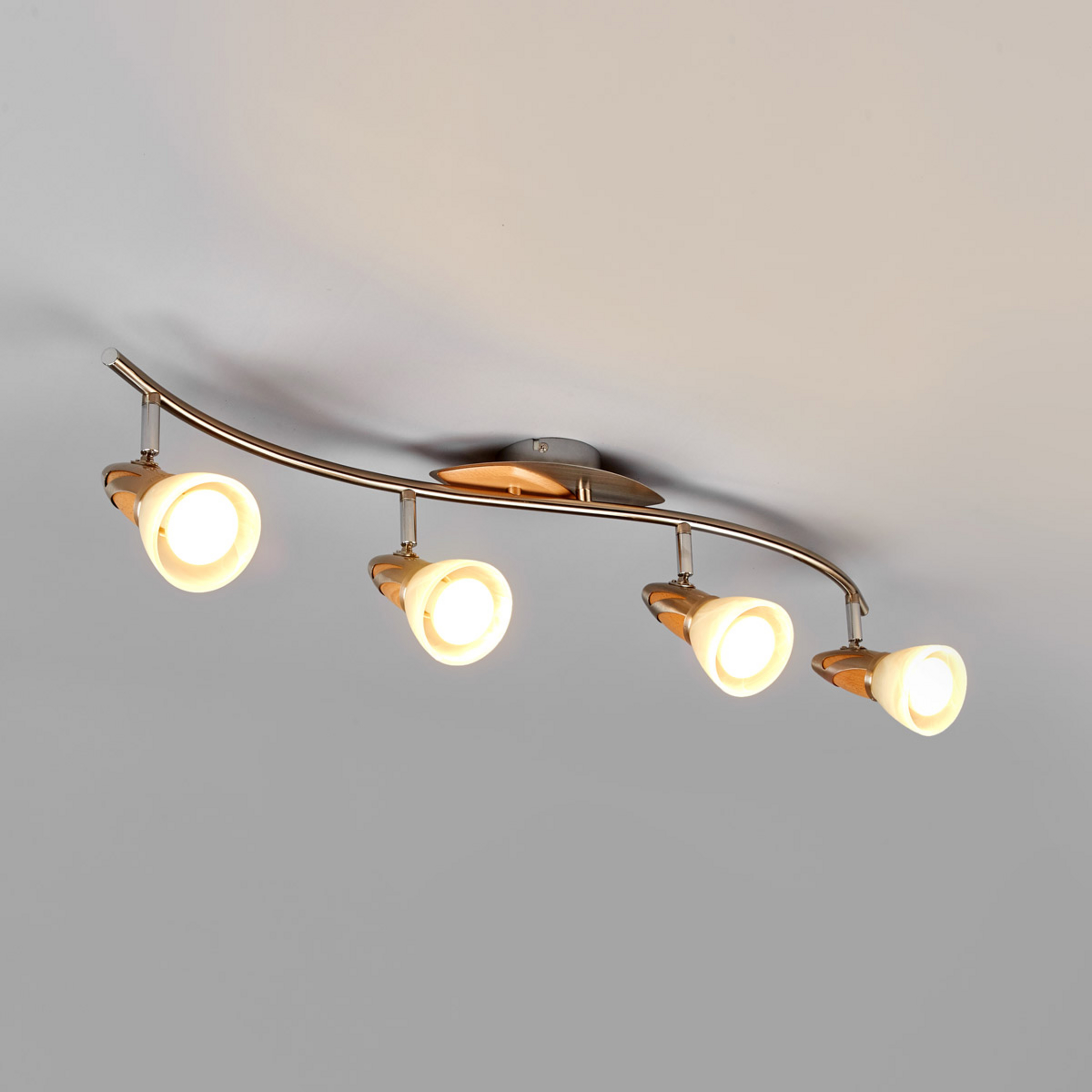 Lindby plafondlamp Marena, 4-lamps, glas, hout, 83 cm lang
