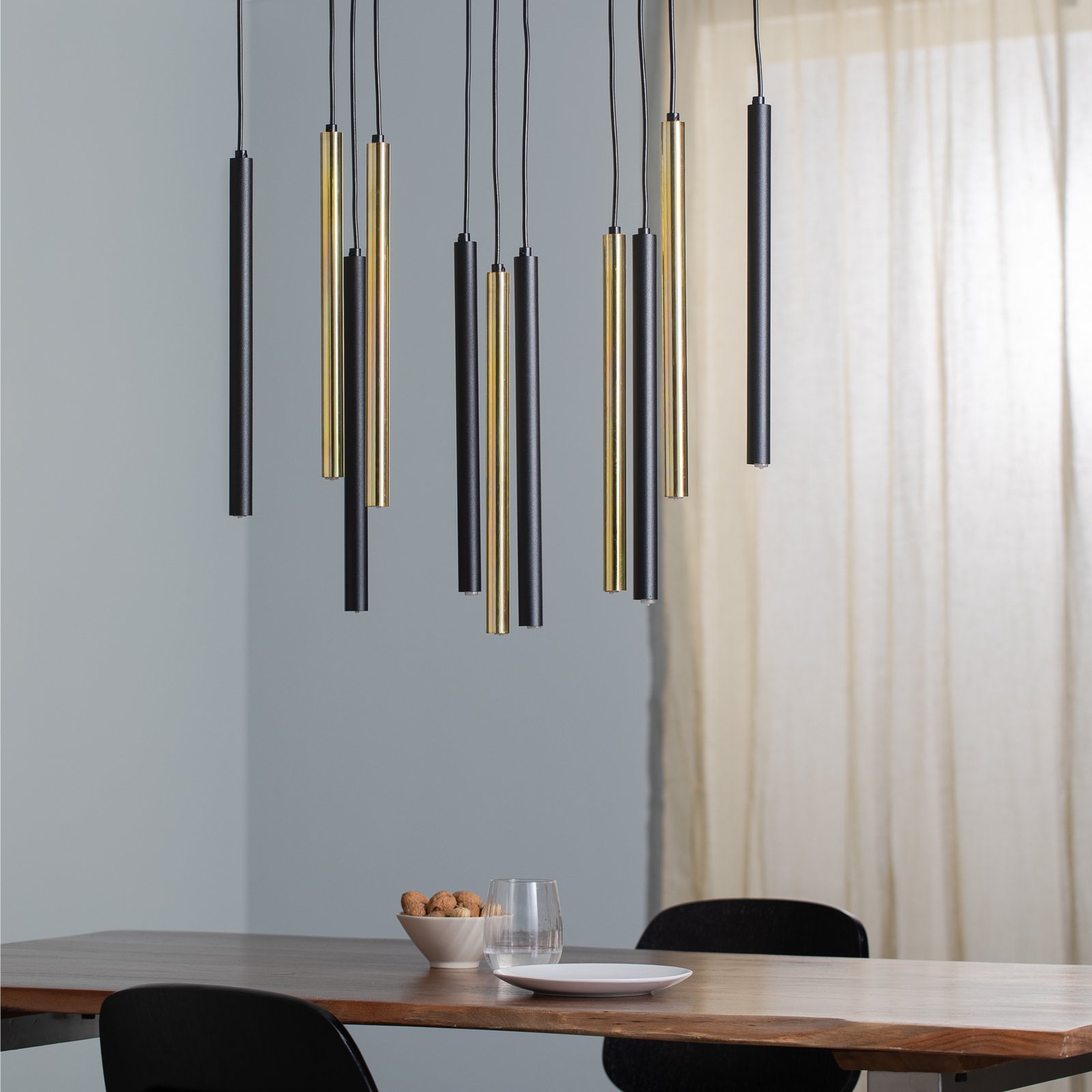 Monza pendant light, black/gold, 11-bulb