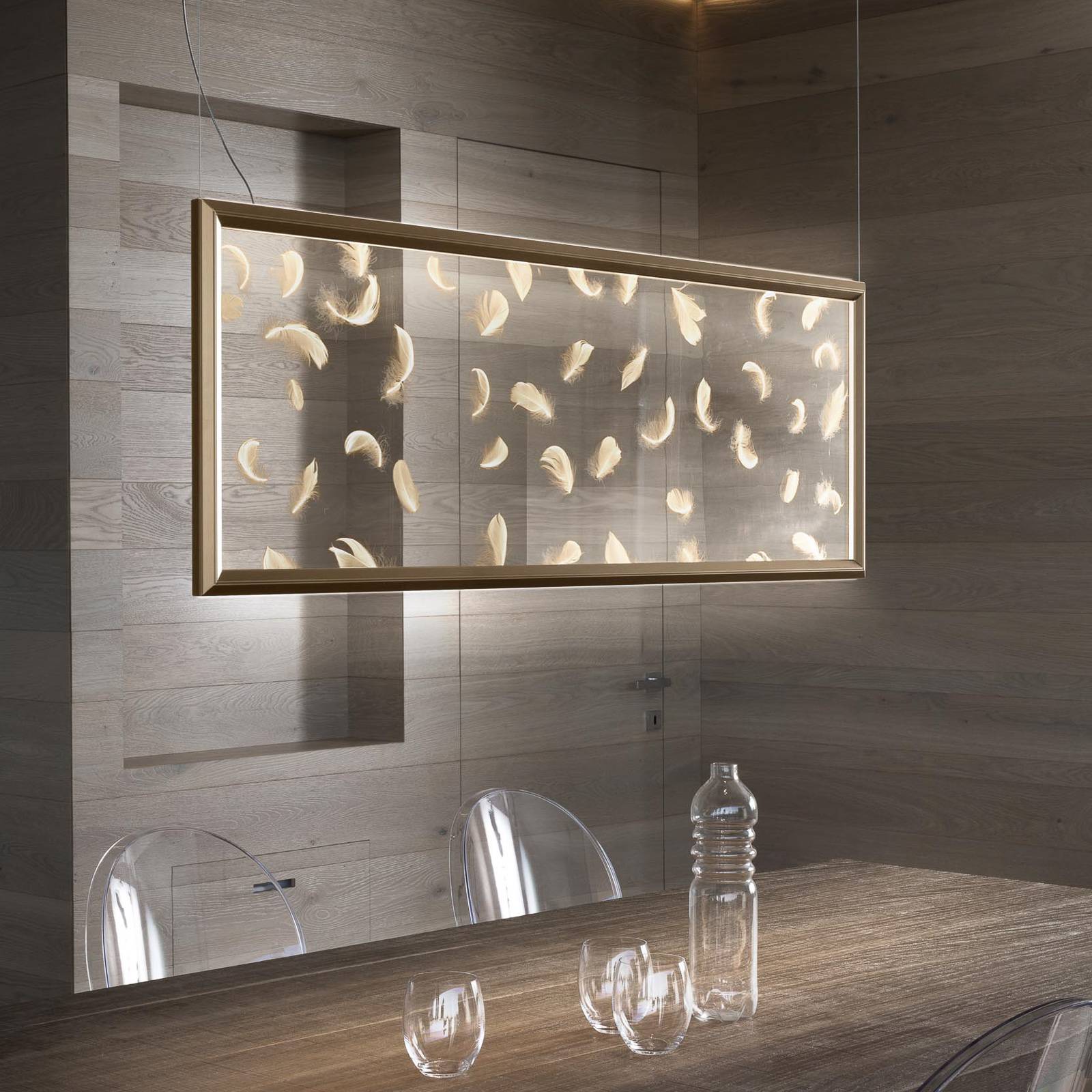 OleV OLEV Poly Plumage LED hanging lamp, real feathers, for Living / Dining Room, acrylic, aluminium, duck feathers, 55 W, L: 109 cm, H: 39 cm