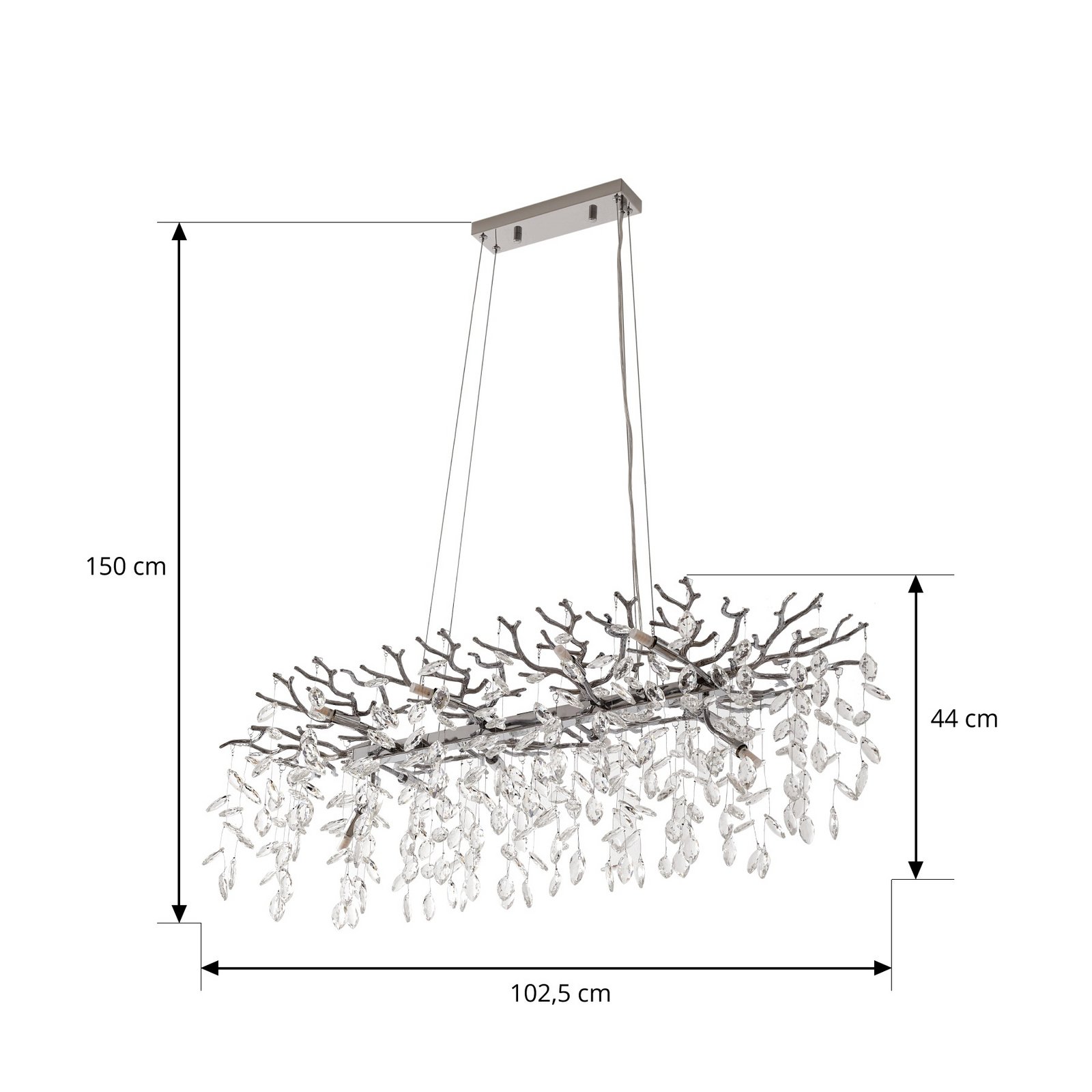 Lucande pakabinamas šviestuvas Bellora, 101 cm, nerūdijantis plienas, krištolas