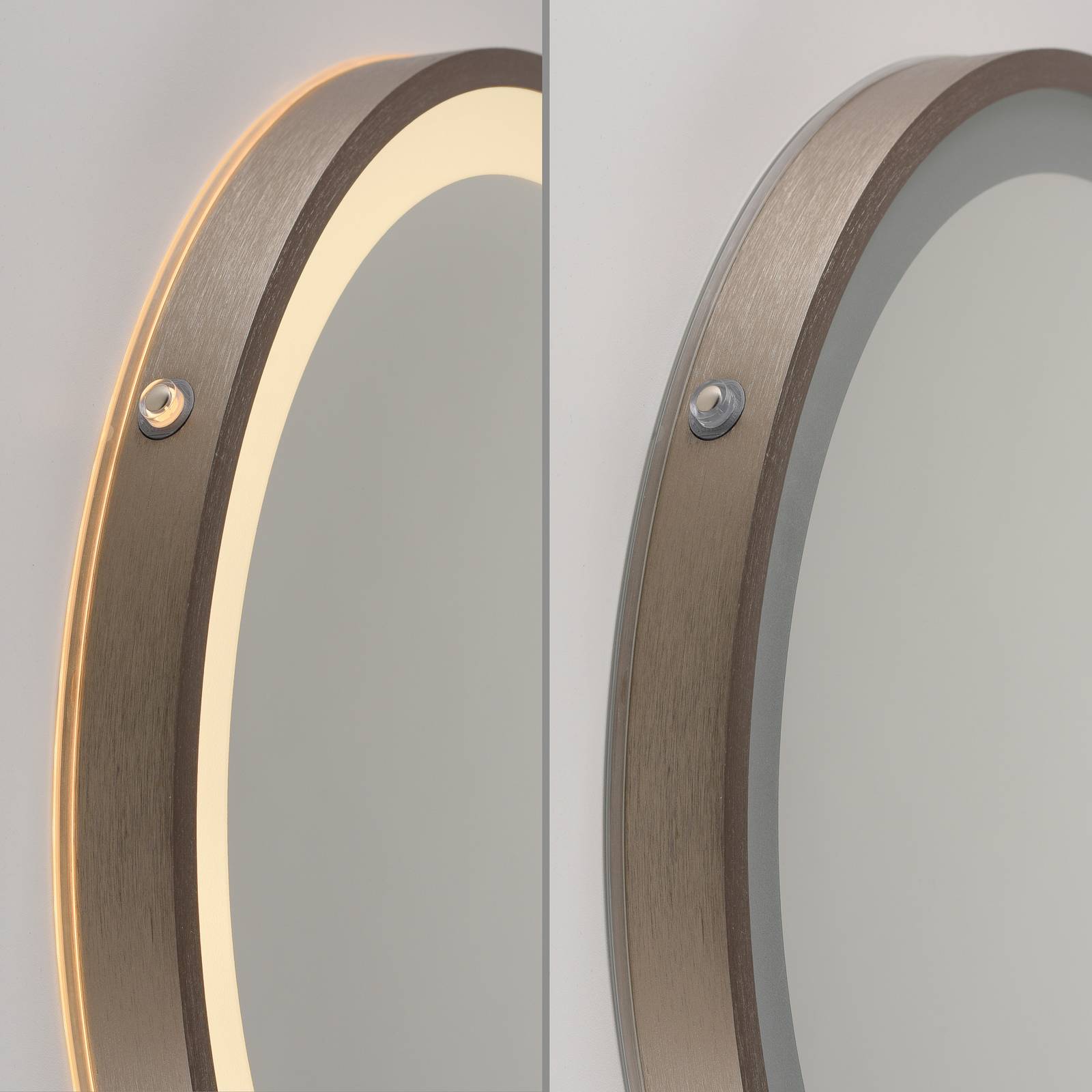 Lustro ścienne LED VIDRO, brązowe, Ø 36 cm, metal/szkło, przełącznik