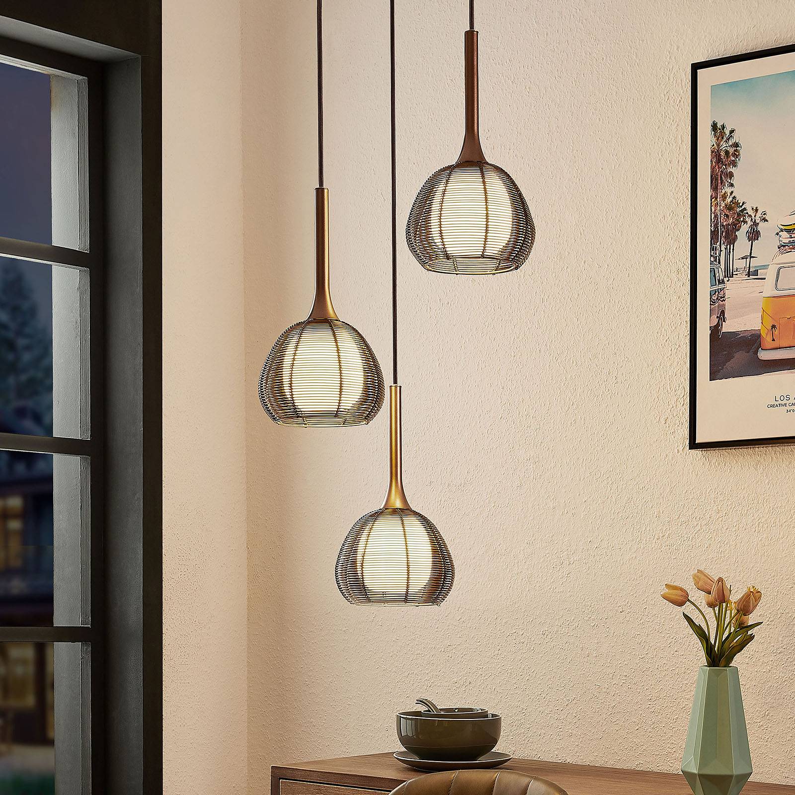 Lucande Tetira hanglamp, 3-lamps, rond, bruin