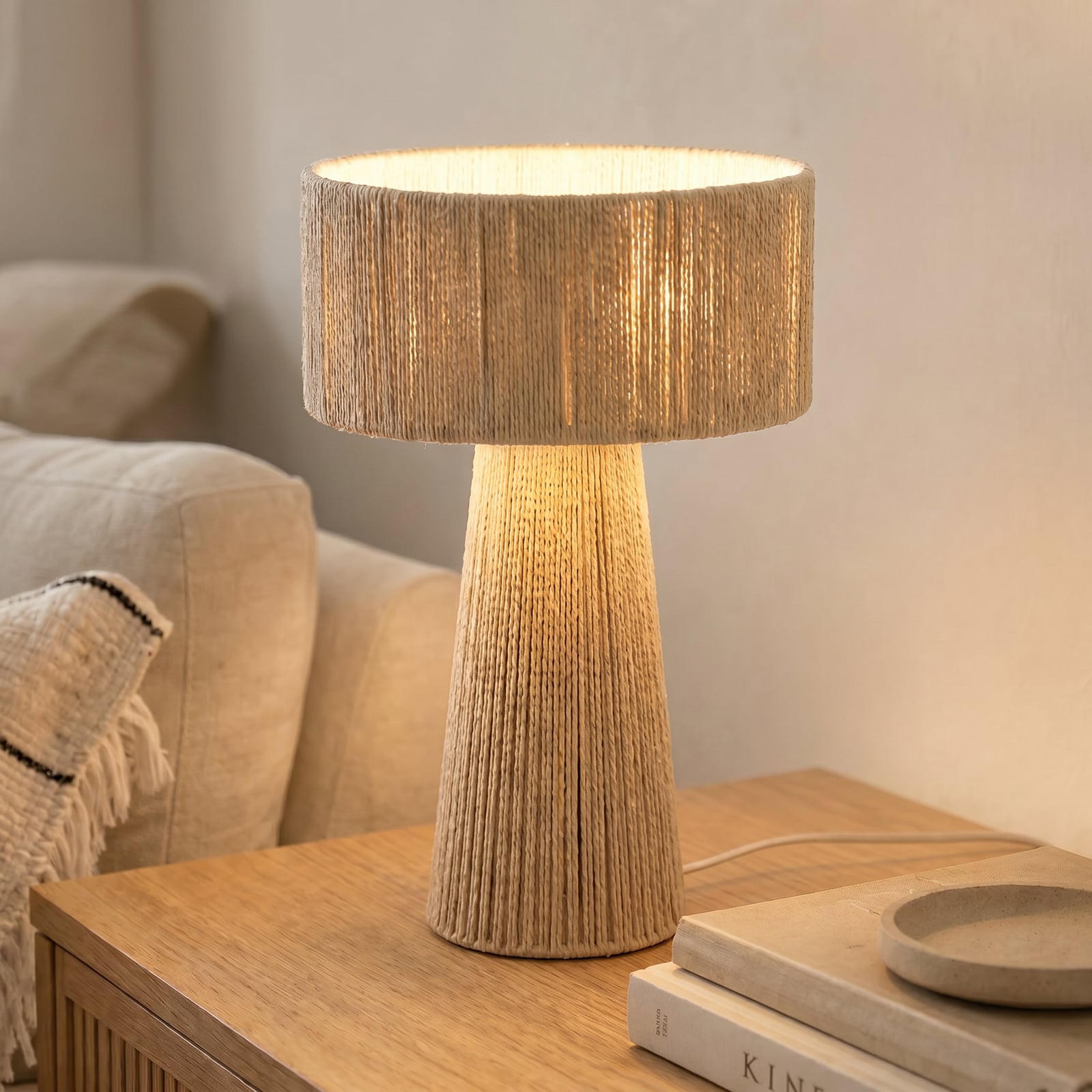 Lindby Tischleuchte Anuva, Höhe 42 cm, Papier, beige, E27