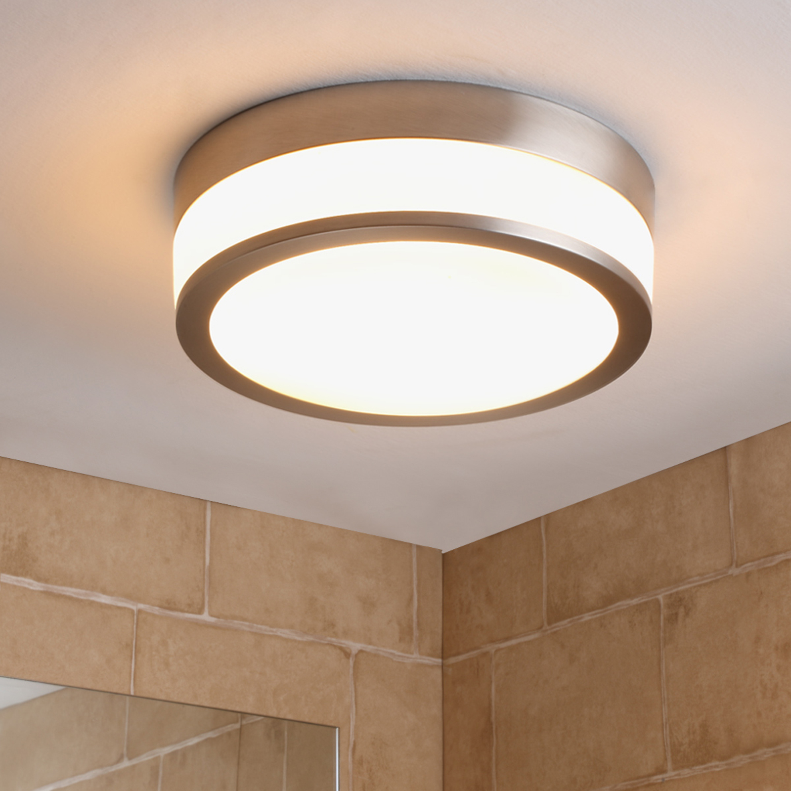 Lindby Flavi bathroom ceiling lamp, Ø 28 cm nickel, for Bathroom, glass, metal, E27, 5.5 W, energy efficiency: A+, H: 9 cm