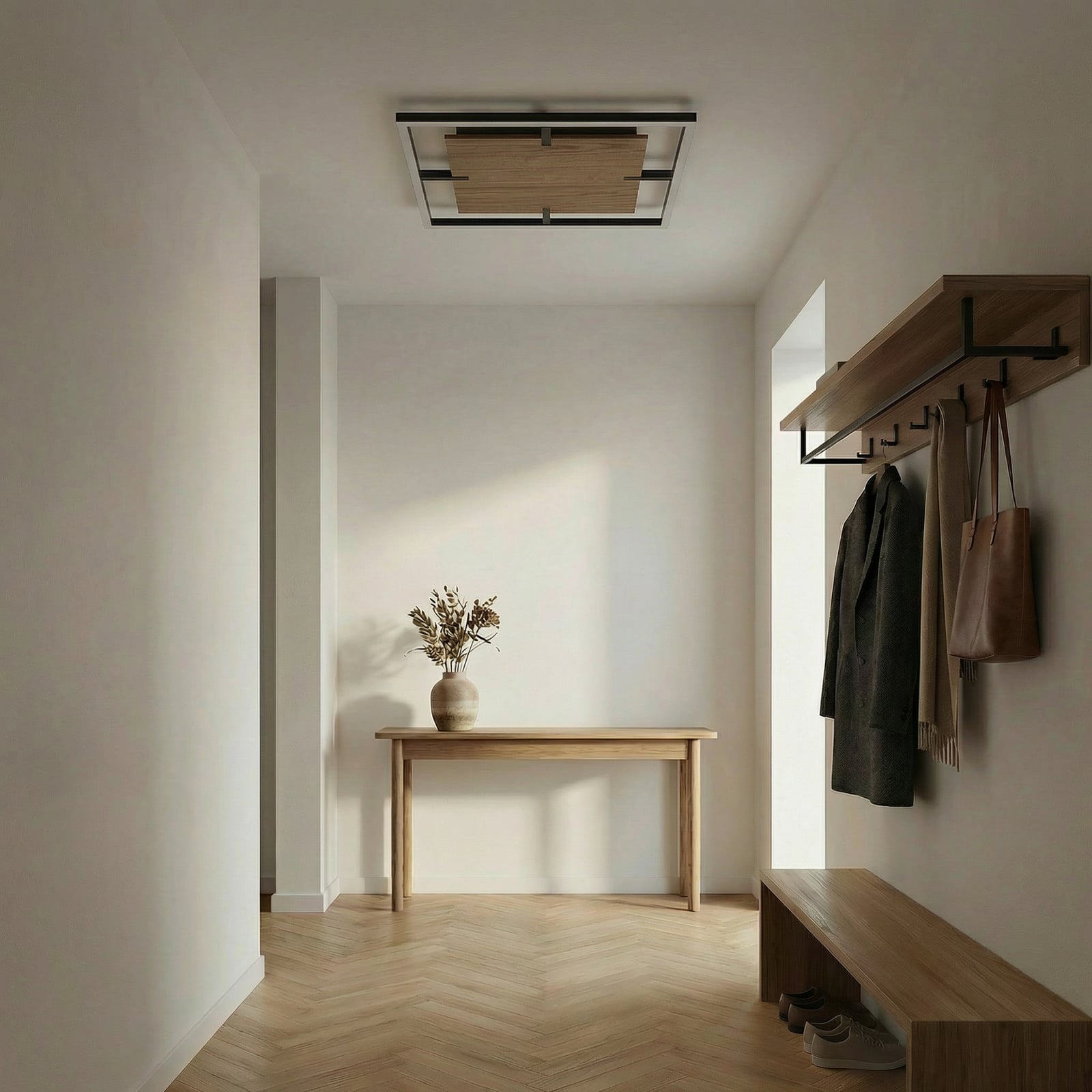 Stropné LED svetlo Lucande Vectra, 50 x 50 cm, drevo, stmievateľné