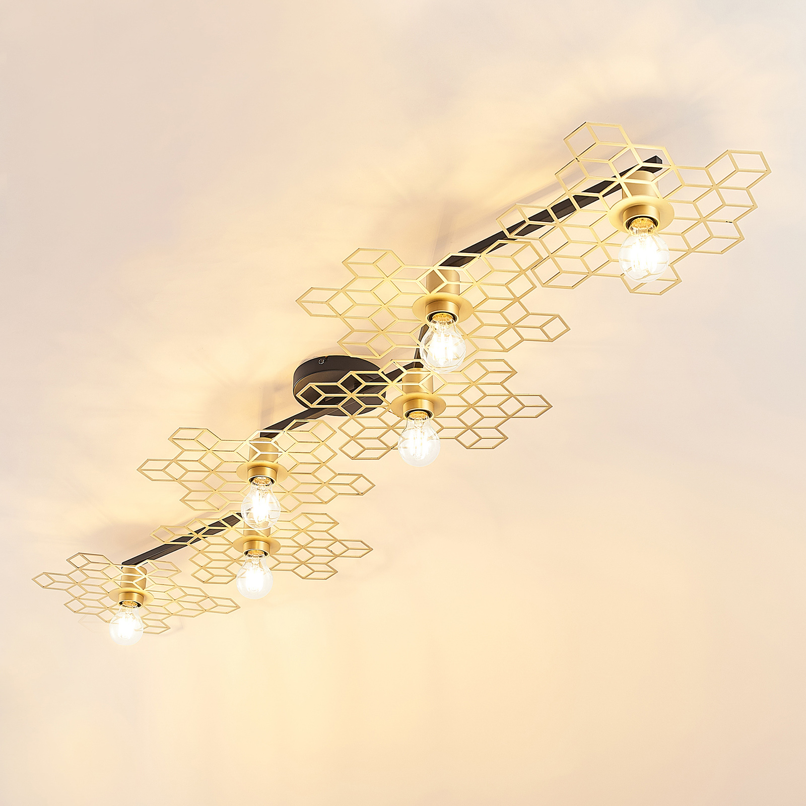 Lucande Alexaru ceiling light, 6-bulb, gold, long