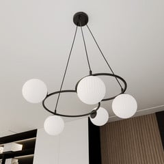 Lampada da salotto Libra, opale/nero, Ø 70 cm, vetro, a 5 luci.