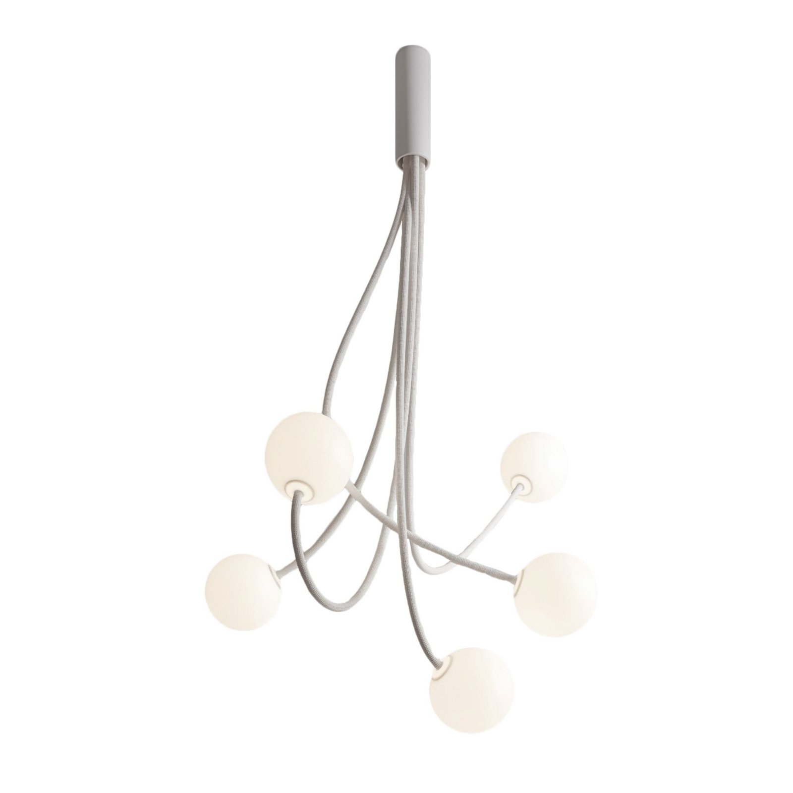 Karman Plafonnier Moony, blanc, à 5 lampes, hauteur 150 cm, verre