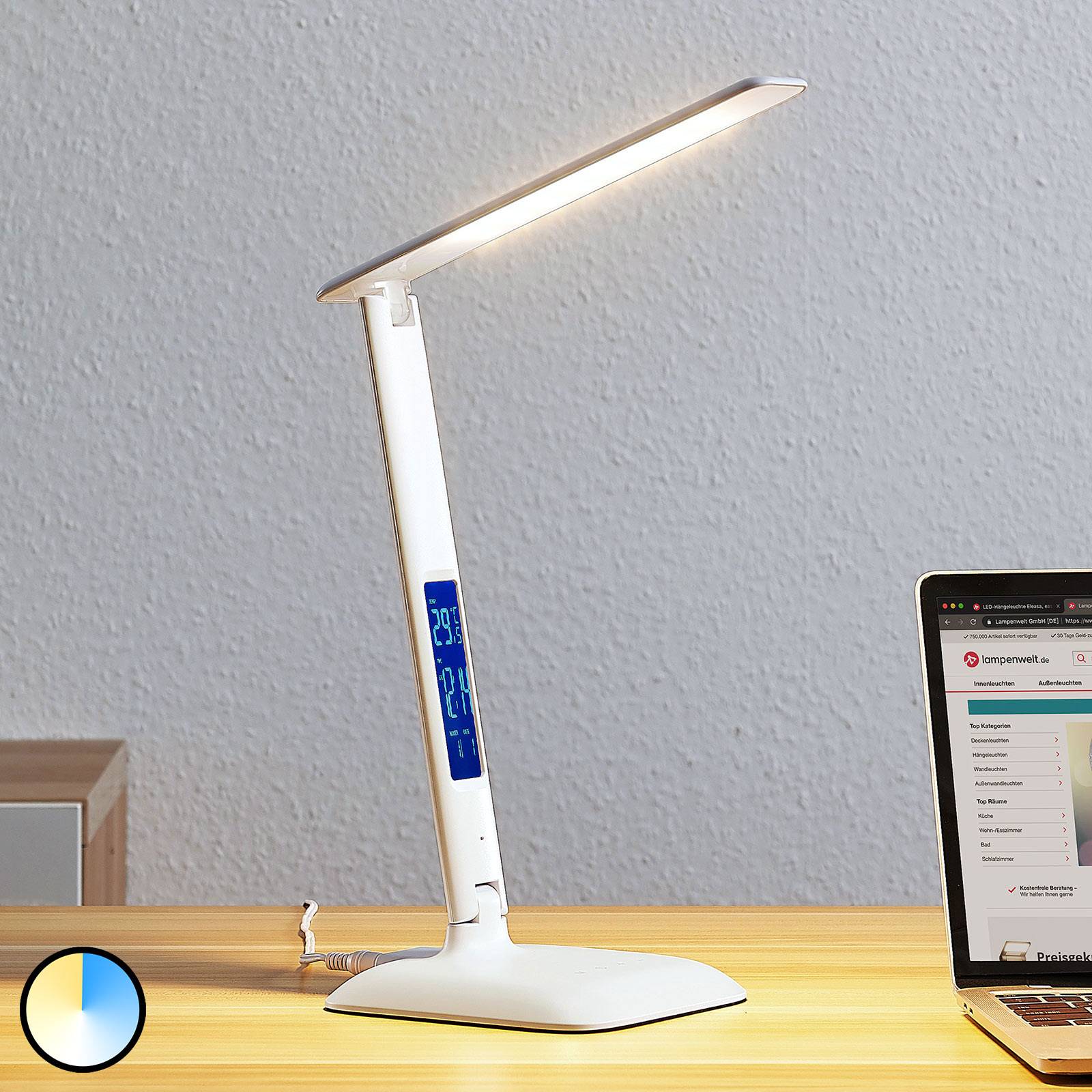 LED Schreibtischlampe Ludmilla Schwarz Anzeige CCT Dimmbar Uhr Lindby Display 