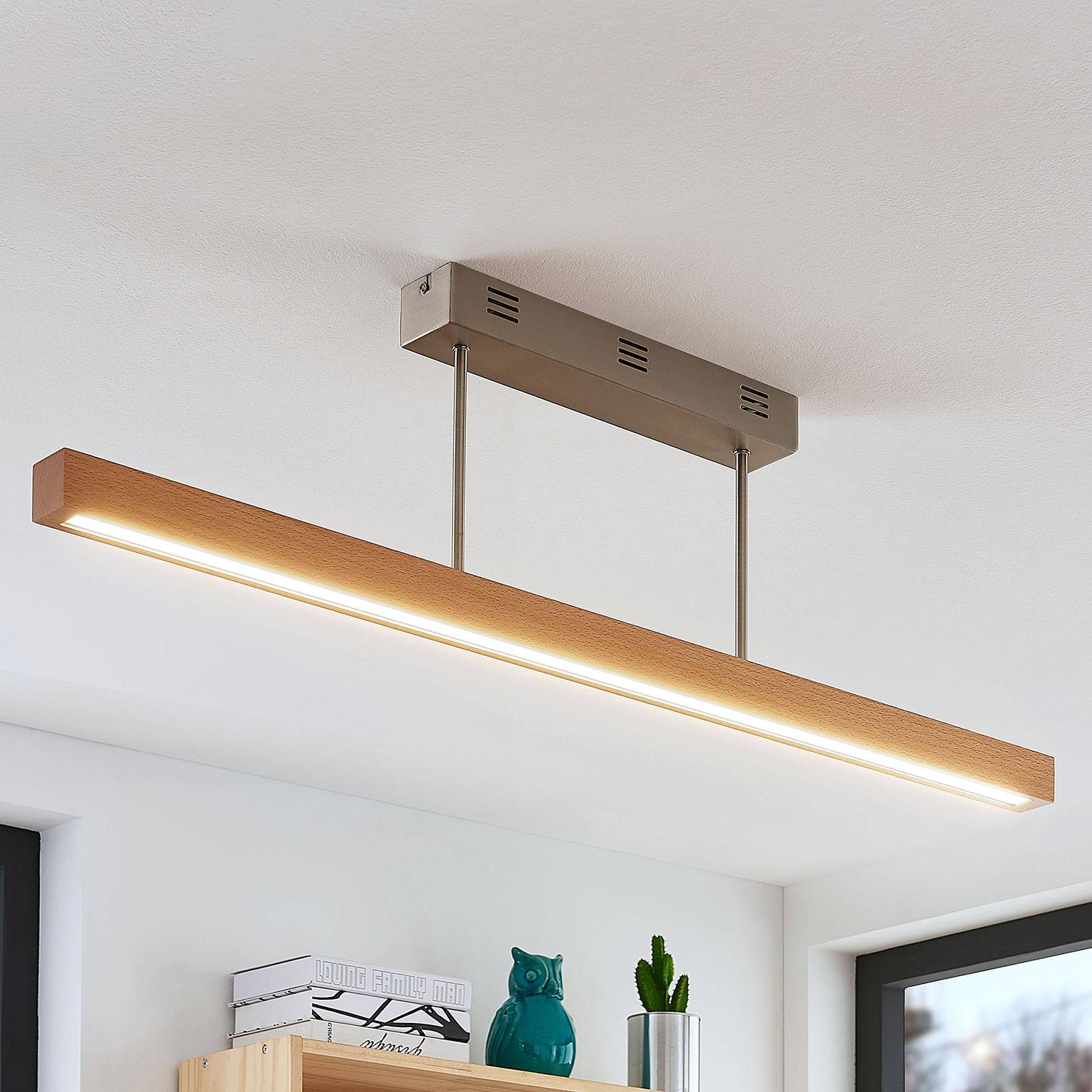Drewniana lampa sufitowa LED Tamlin, buk, 100 cm