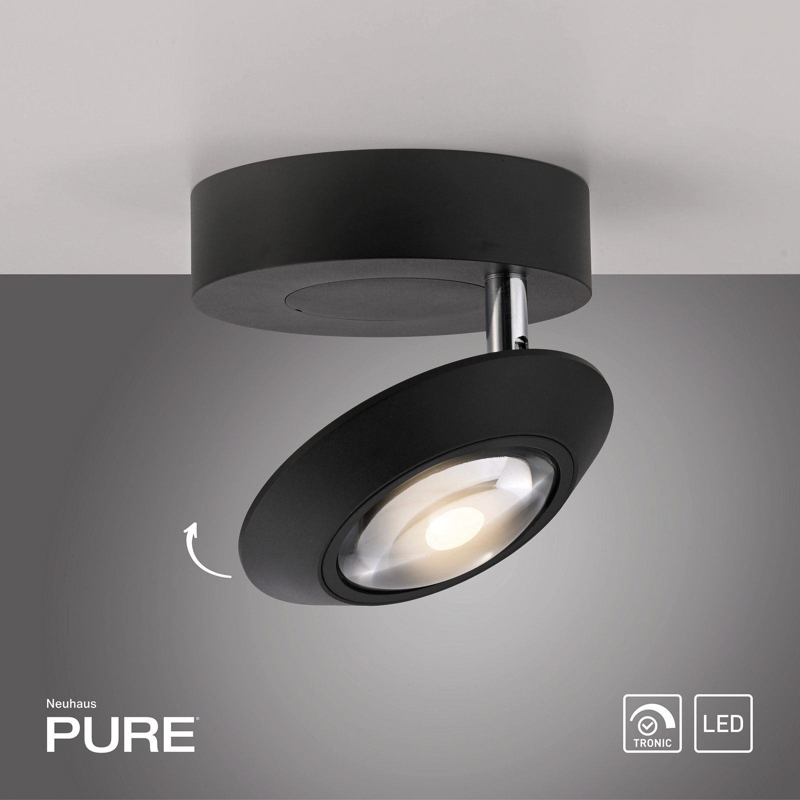 PURE LED таванска лампа Oculis, черна, Ø 15 cm, желязо/стъкло