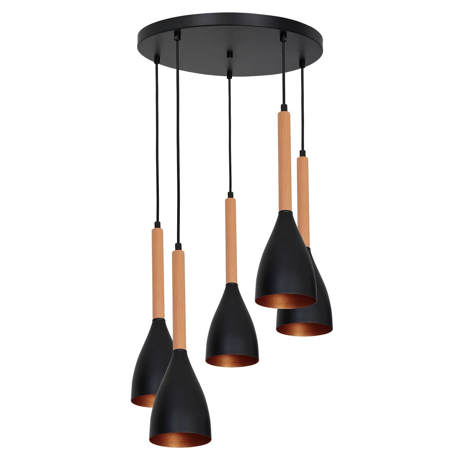 Suspension Muza 5 lampes ronde noir/or/bois clair