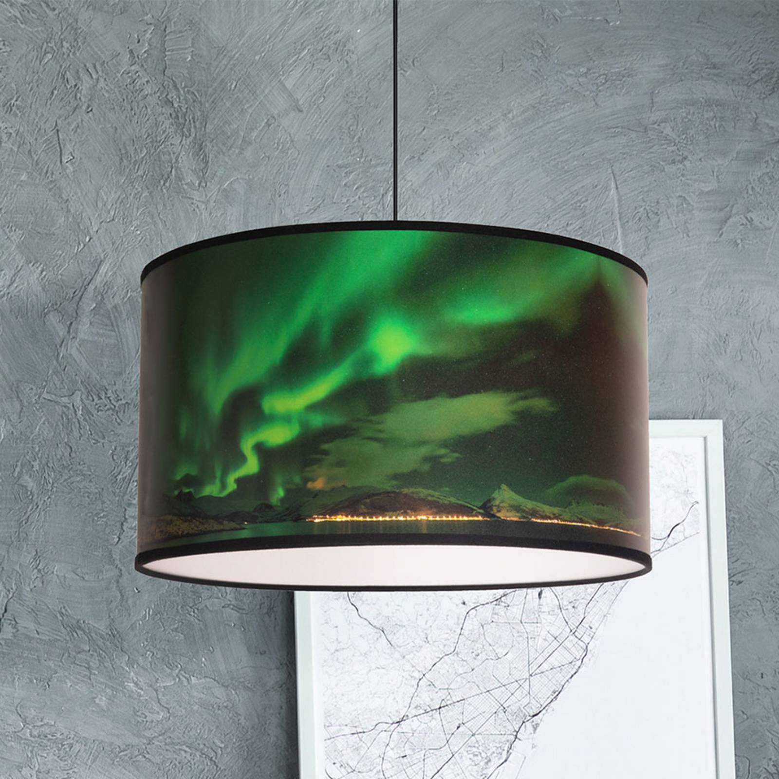 Print L hanging light with city, green auroras