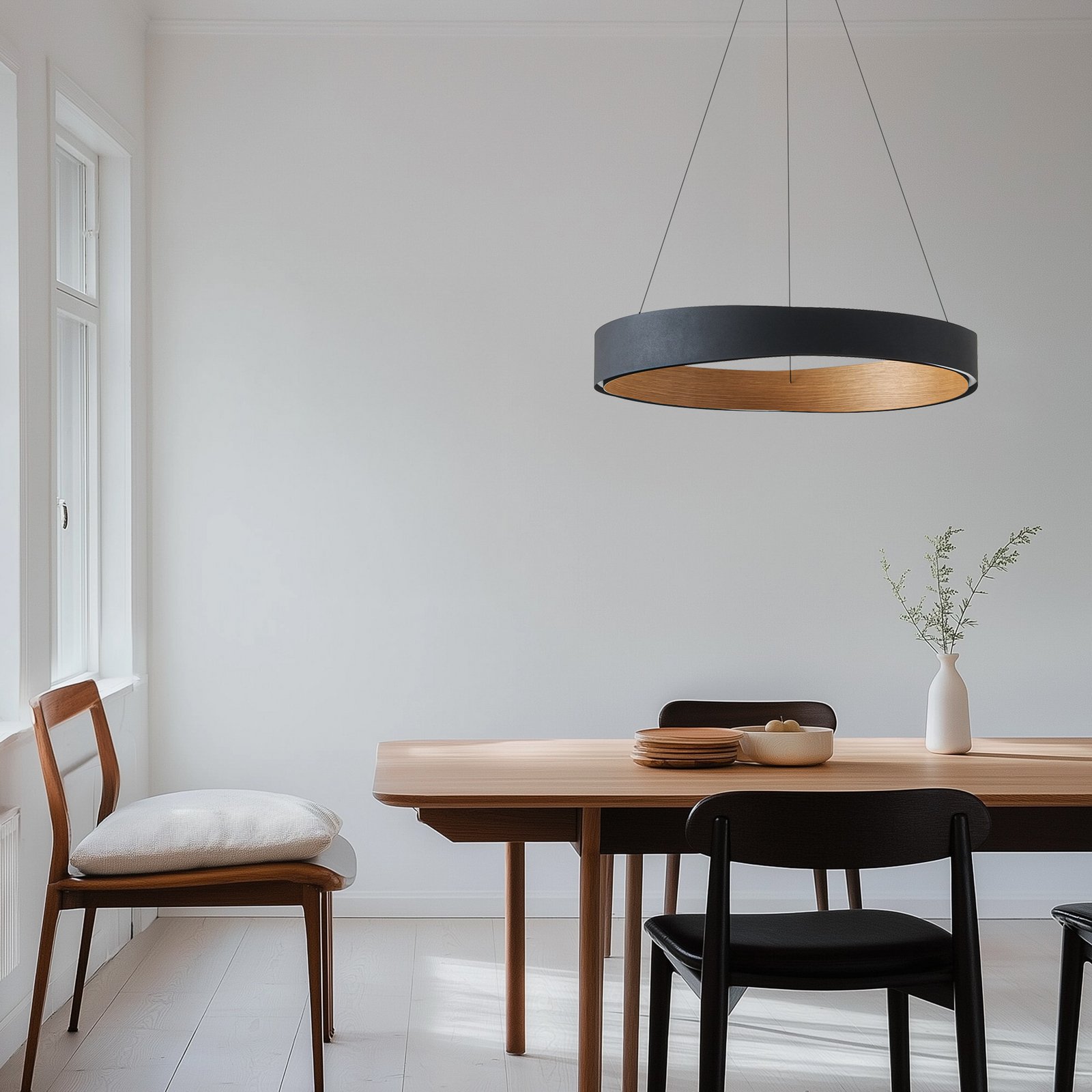 Lampada LED a sospensione Daelor, nero/legno, CCT, dimmerabile - Lucande