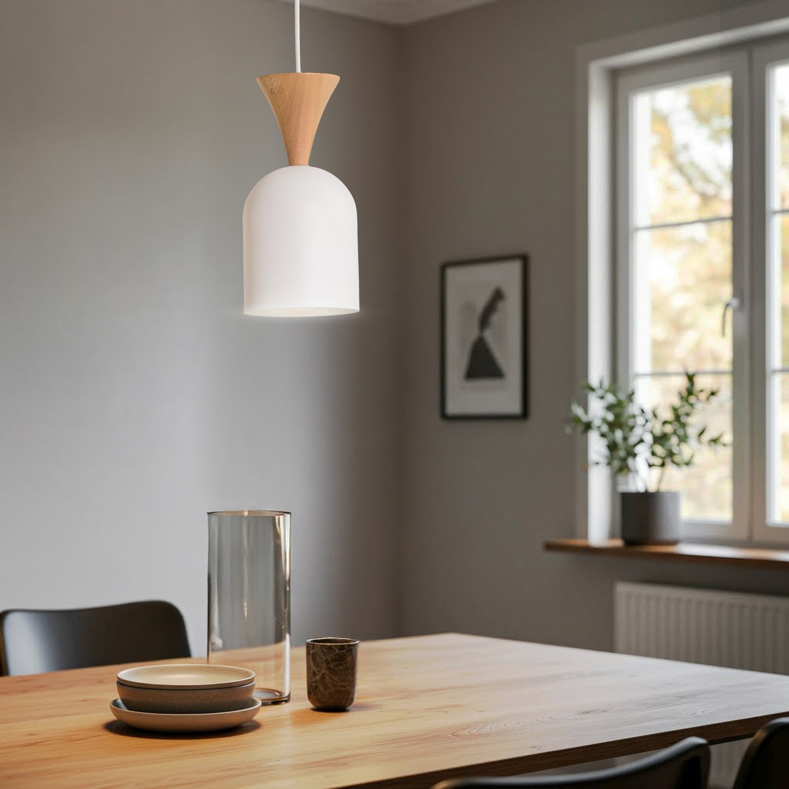 Hanglamp Nolan, Ø 11 cm, wit/eiken, metaal/hout