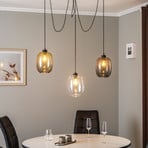 Elio pendant light, glass, brown/clear/grey, 3-bulb, decentralised