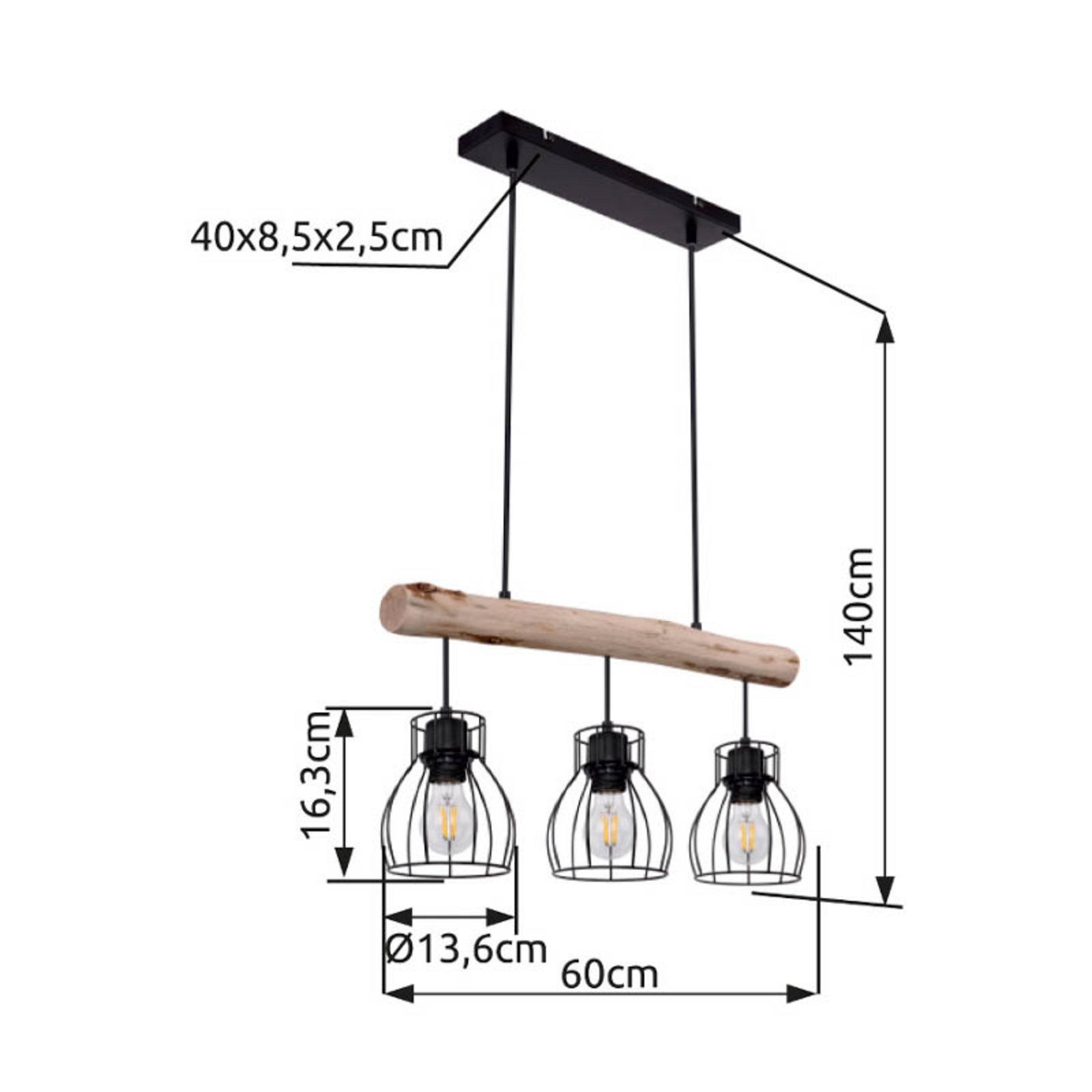 Závesné svietidlo Mina, dĺžka 60 cm, čierna/hnedá farba, 3 svetlá.