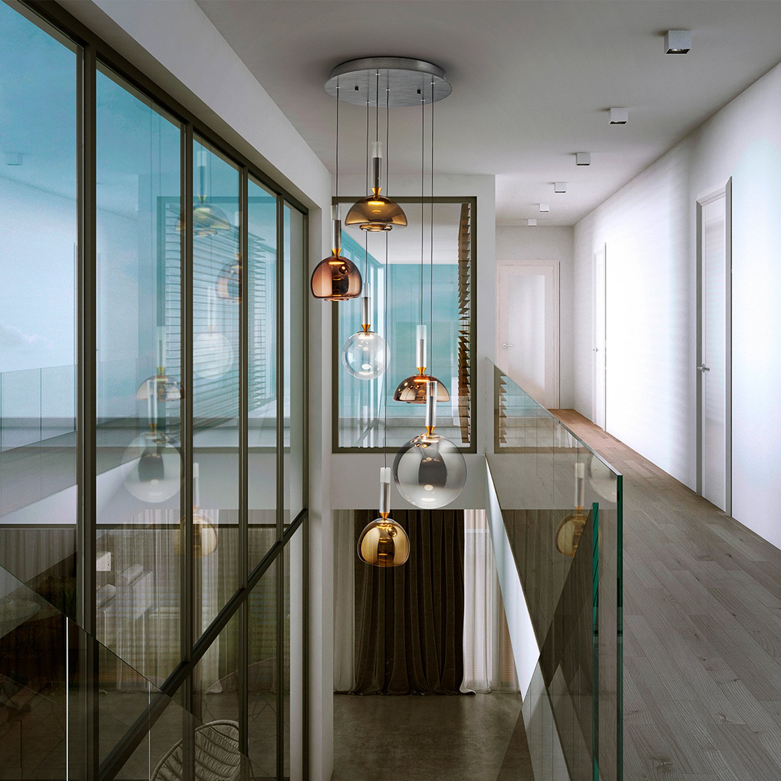 Charlize 6-bulb LED pendant light, Triac dimmable, four-coloured glass