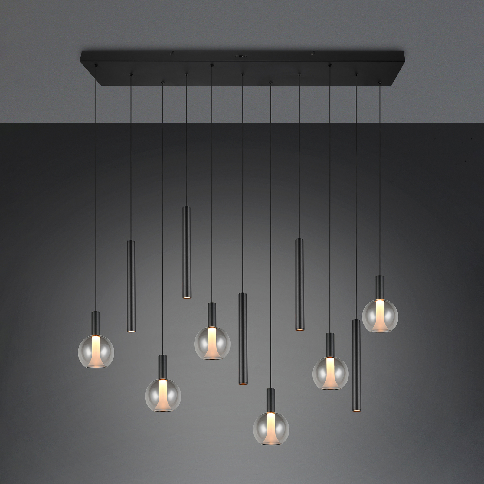 LED piekaramā lampa „Melaro“, garums 120 cm, melna, metāls/stikls, 11 spuldzes LED piekaramā lampa „Melaro“, garums 120 cm, melna, metāls/stikls, 11 spuldzes